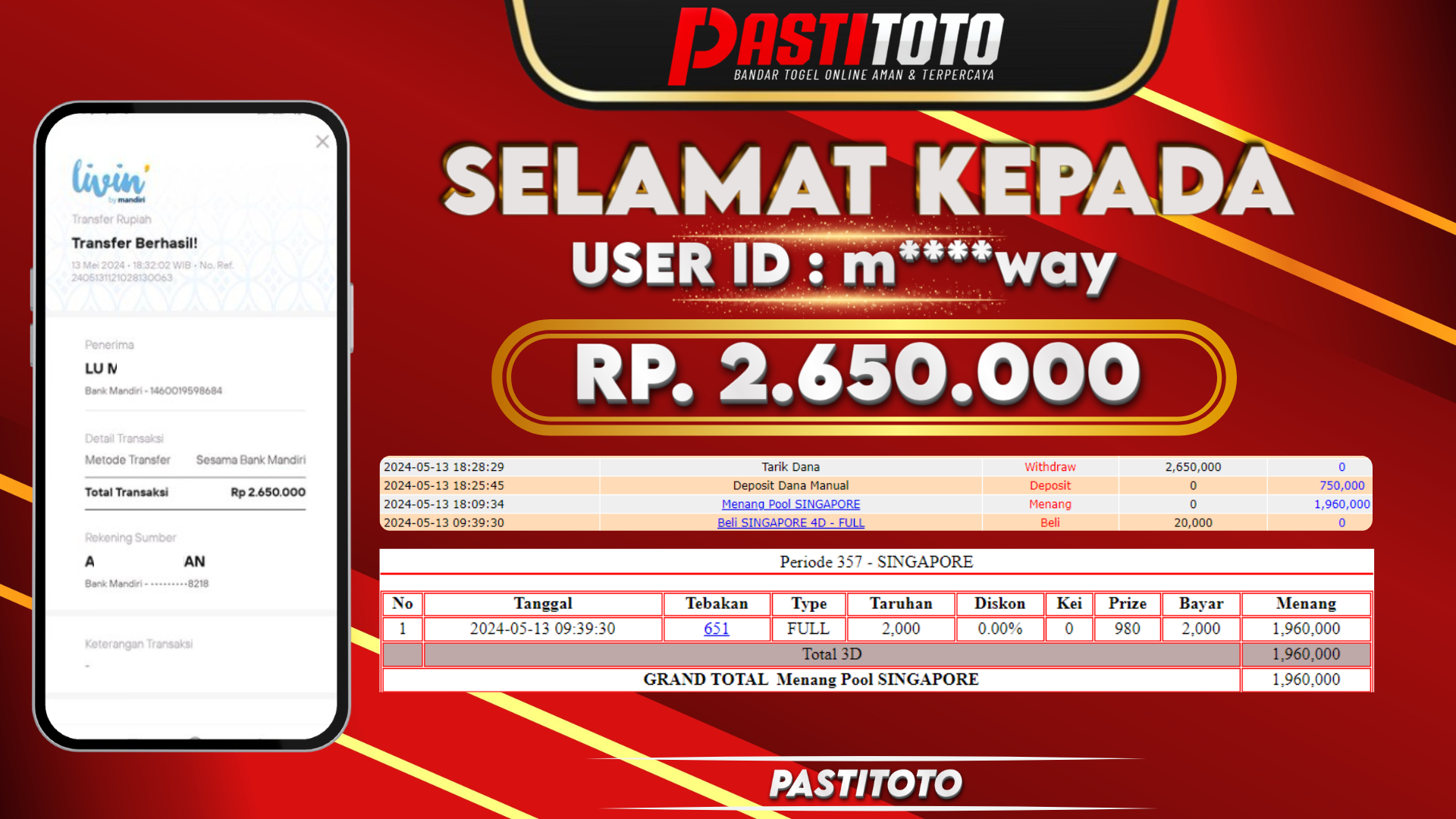 PASTITOTO JACKPOT TOGEL SINGAPORE RP. 2.650.000,- LUNAS