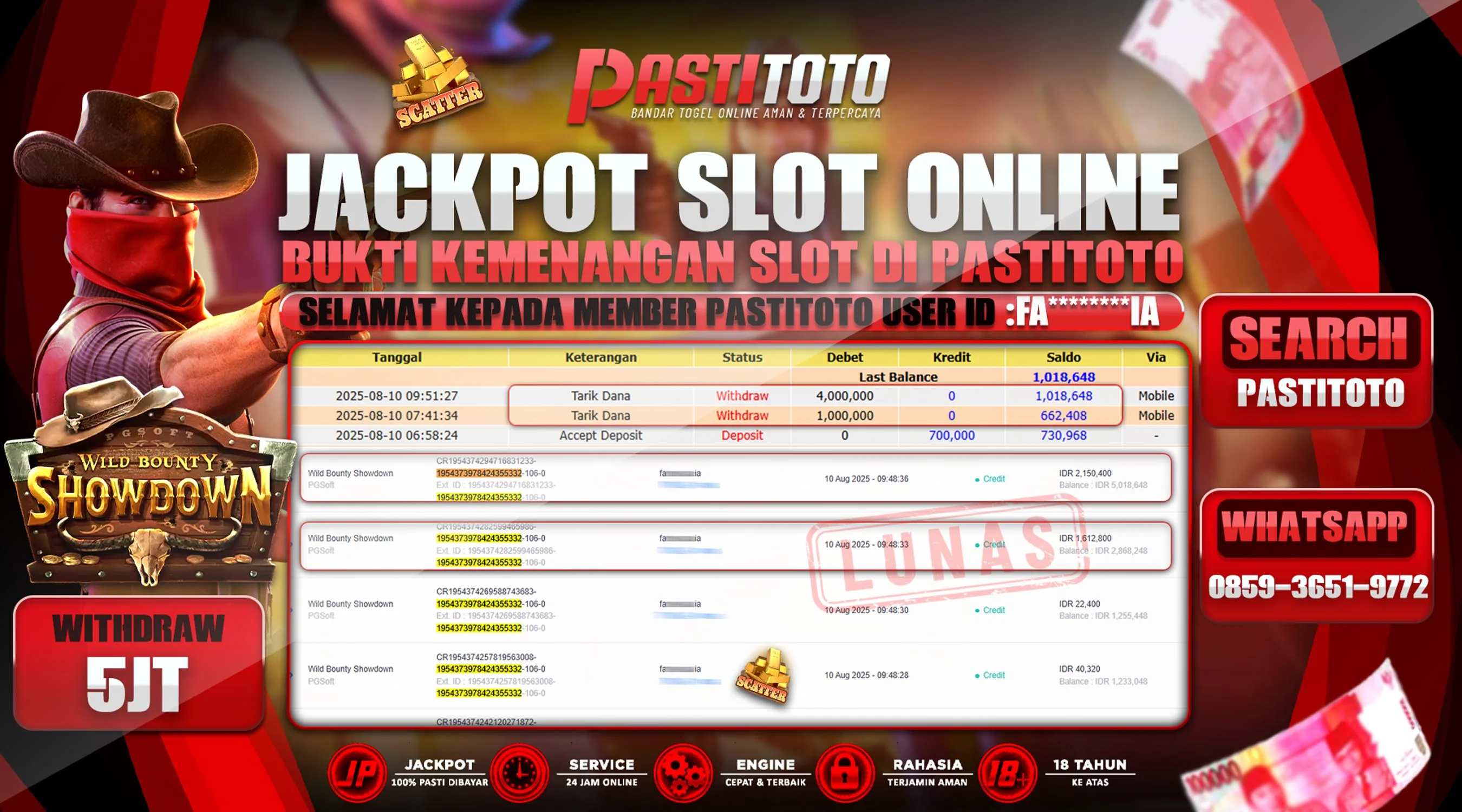 PASTITOTO JACKPOT SLOT ONLINE RP. 5.000.000,- LUNAS