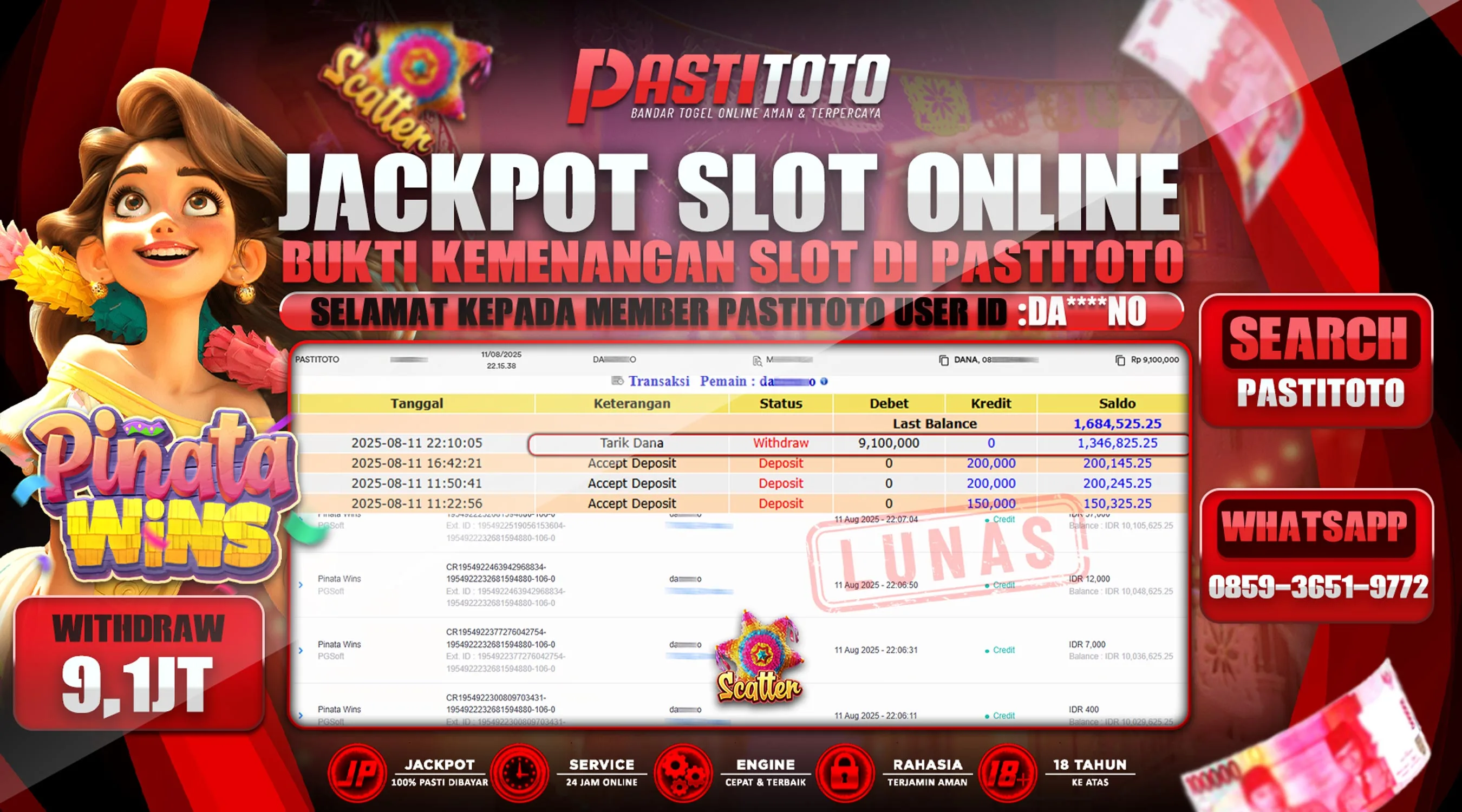 PASTITOTO JACKPOT SLOT ONLINE RP. 9.100.000,- LUNAS