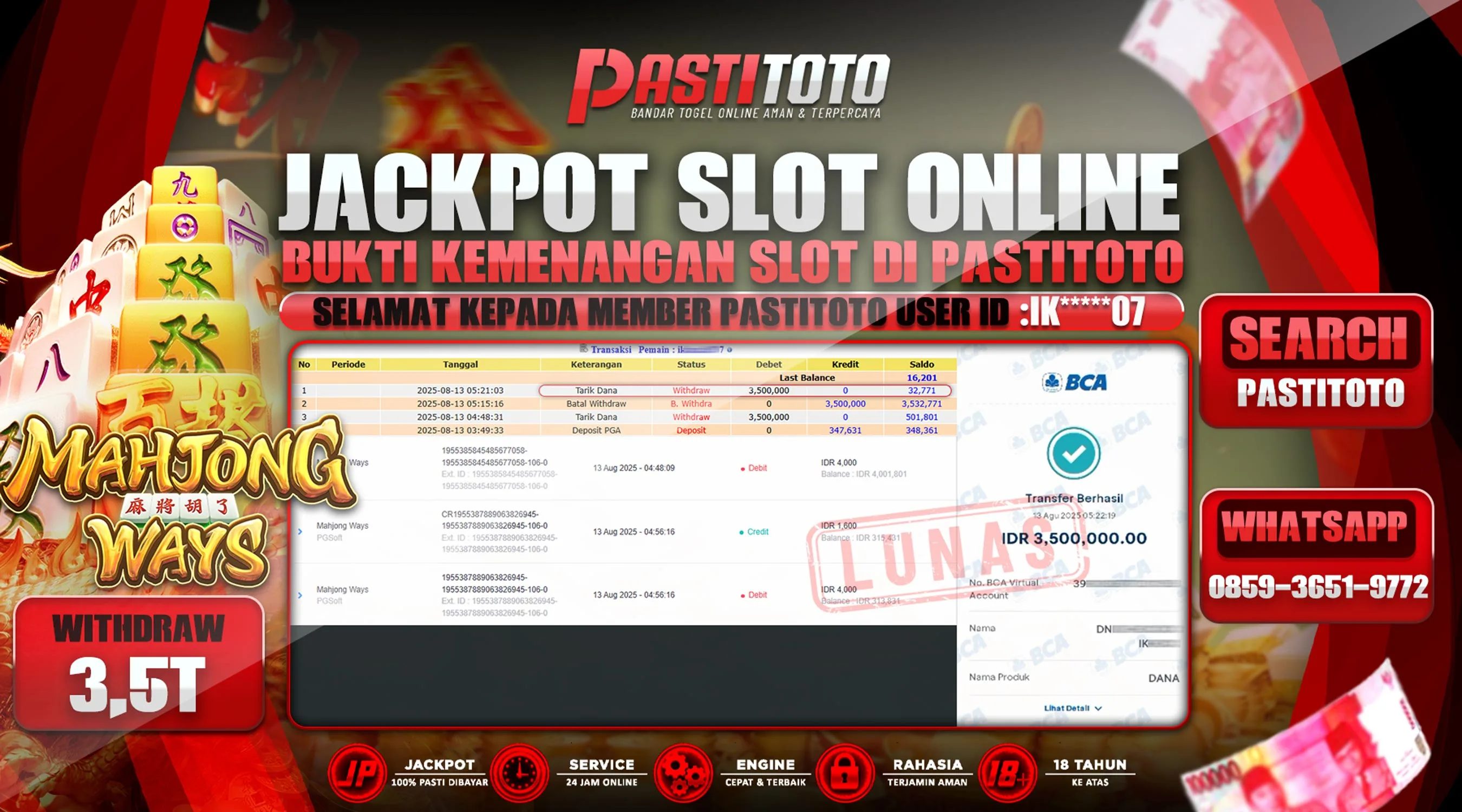 PASTITOTO JACKPOT SLOT ONLINE RP. 3.500.000,- LUNAS
