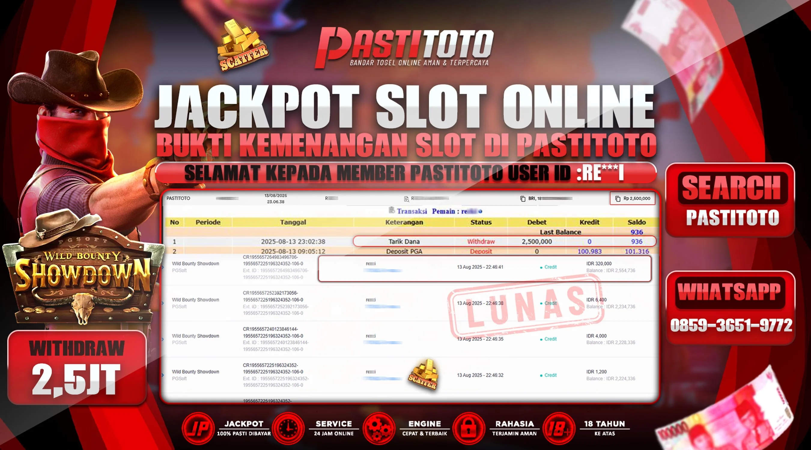 PASTITOTO JACKPOT SLOT ONLINE RP. 2.500.000,- LUNAS