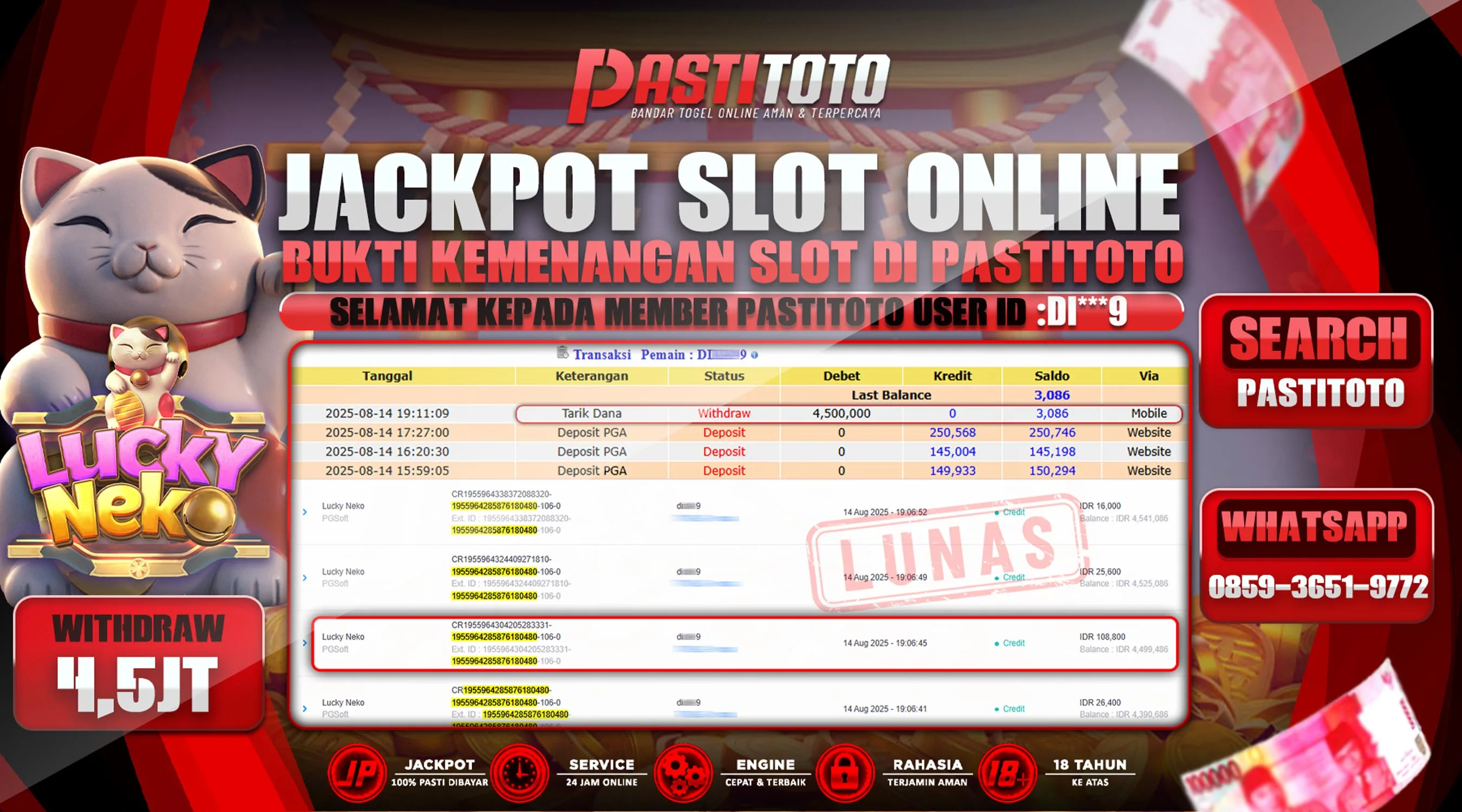 PASTITOTO JACKPOT SLOT ONLINE RP. 4.500.000,- LUNAS