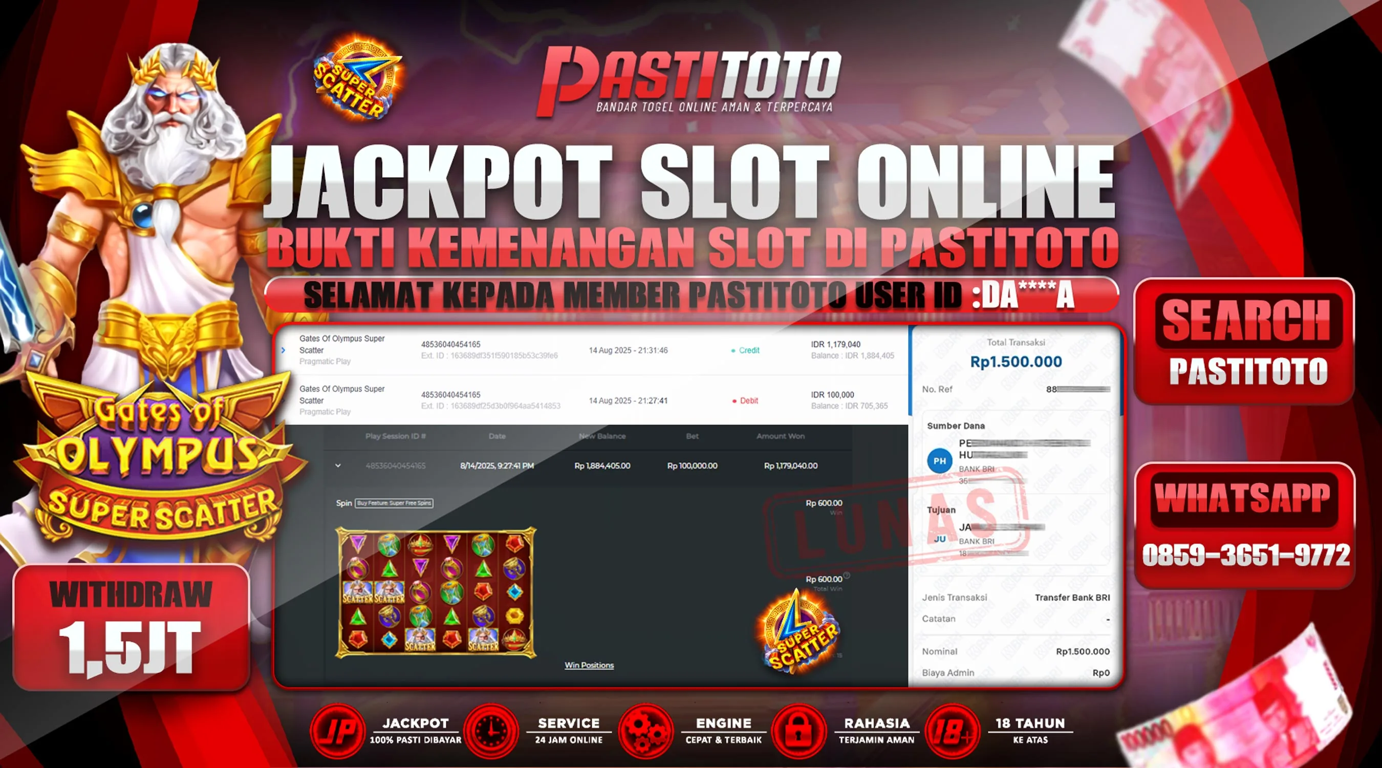 PASTITOTO JACKPOT SLOT ONLINE RP. 1.500.000,- LUNAS