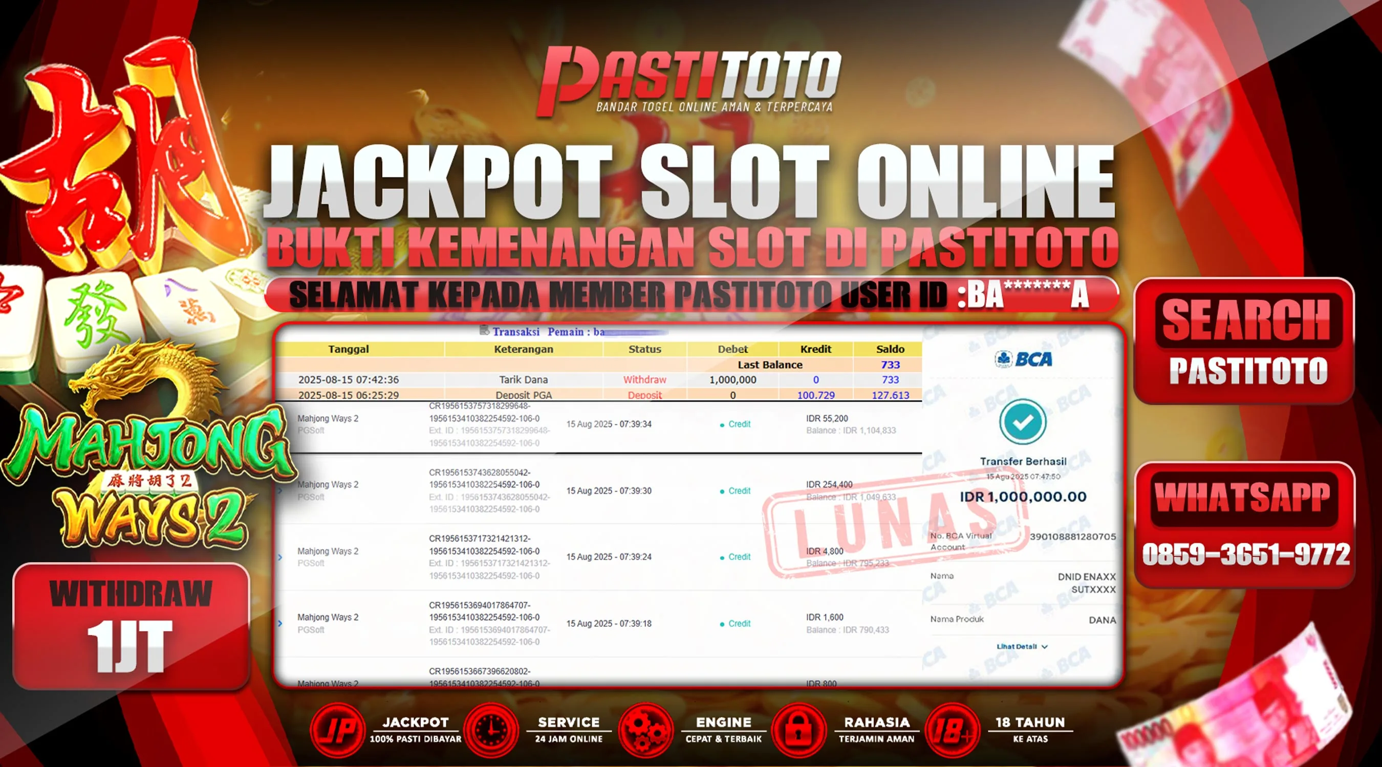 PASTITOTO JACKPOT SLOT ONLINE RP. 1.000.000,- LUNAS