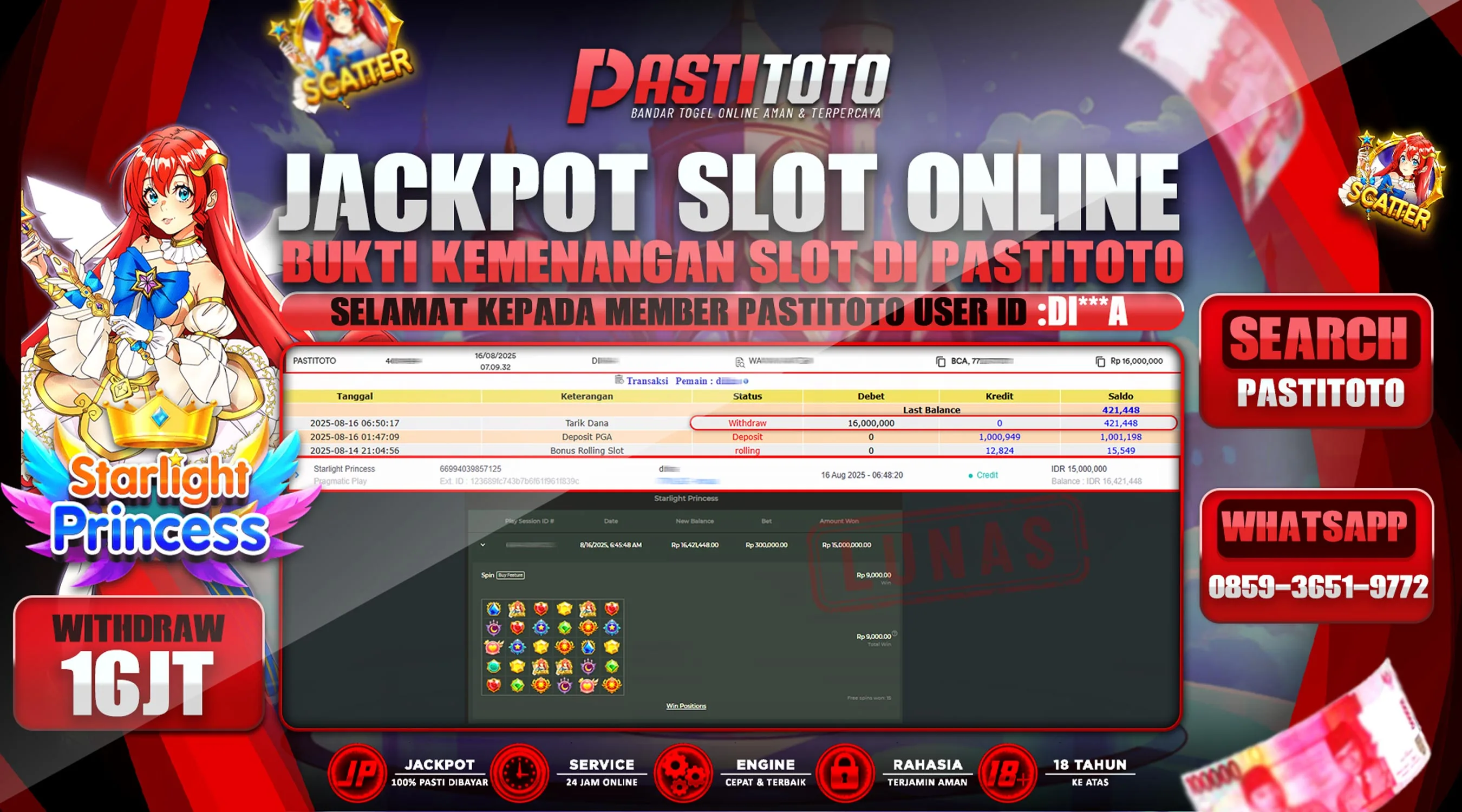 PASTITOTO JACKPOT SLOT ONLINE RP. 16.000.000,- LUNAS