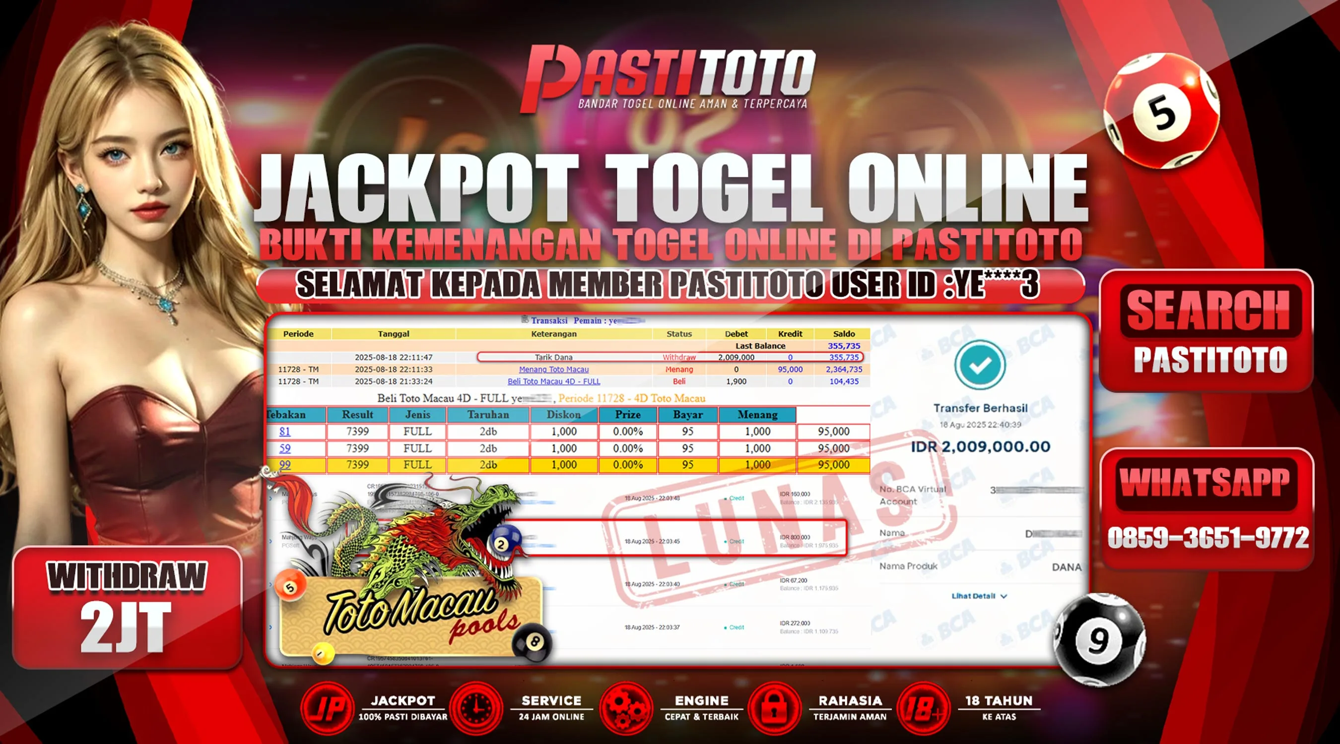 PASTITOTO JACKPOT TOTO MACAU RP. 2.009.000,- LUNAS
