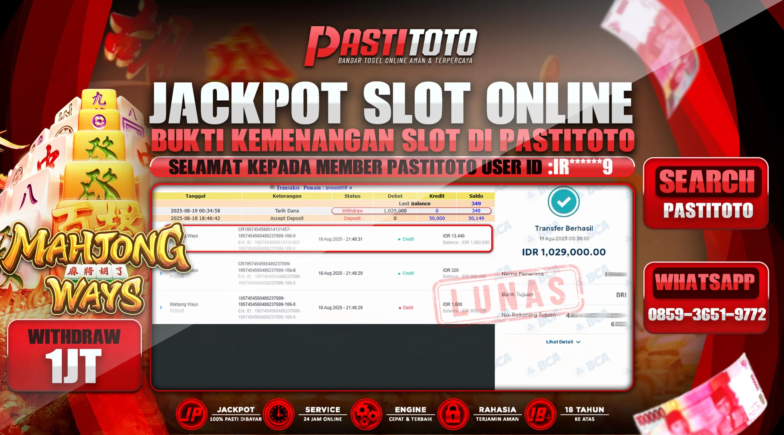 PASTITOTO JACKPOT SLOT ONLINE RP. 1.029.000,- LUNAS