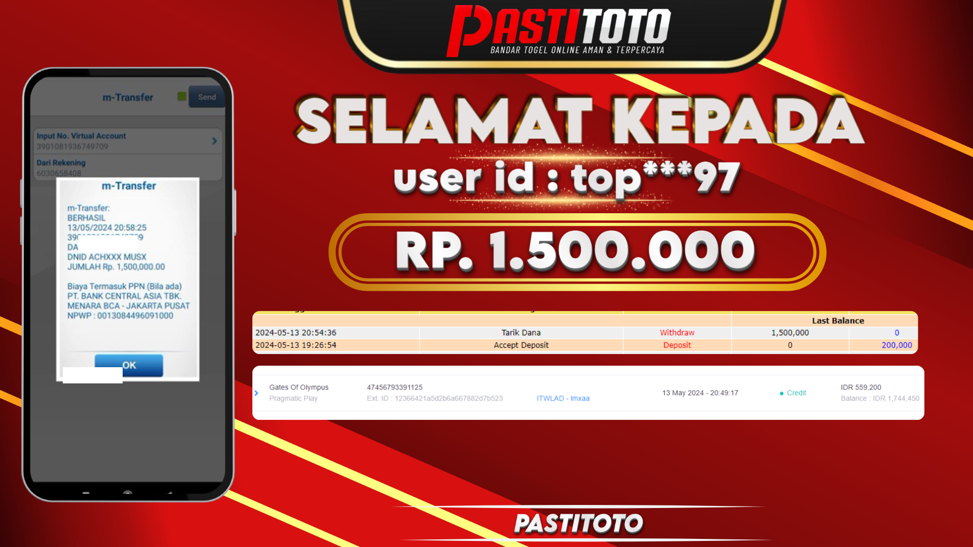 PASTITOTO JACKPOT SLOT GAME RP. 1.500.000,- LUNAS