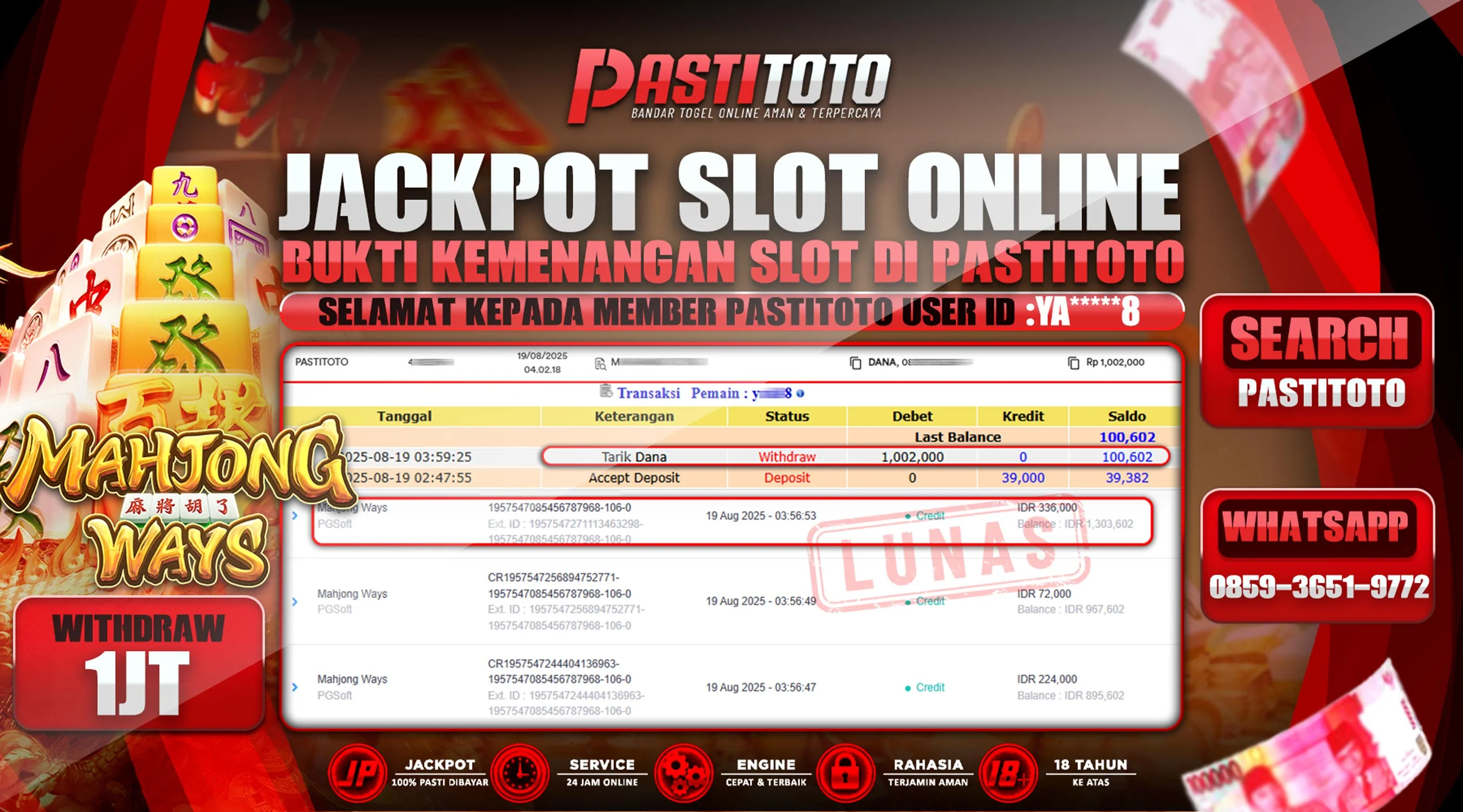 PASTITOTO JACKPOT SLOT ONLINE RP. 1.002.000,- LUNAS