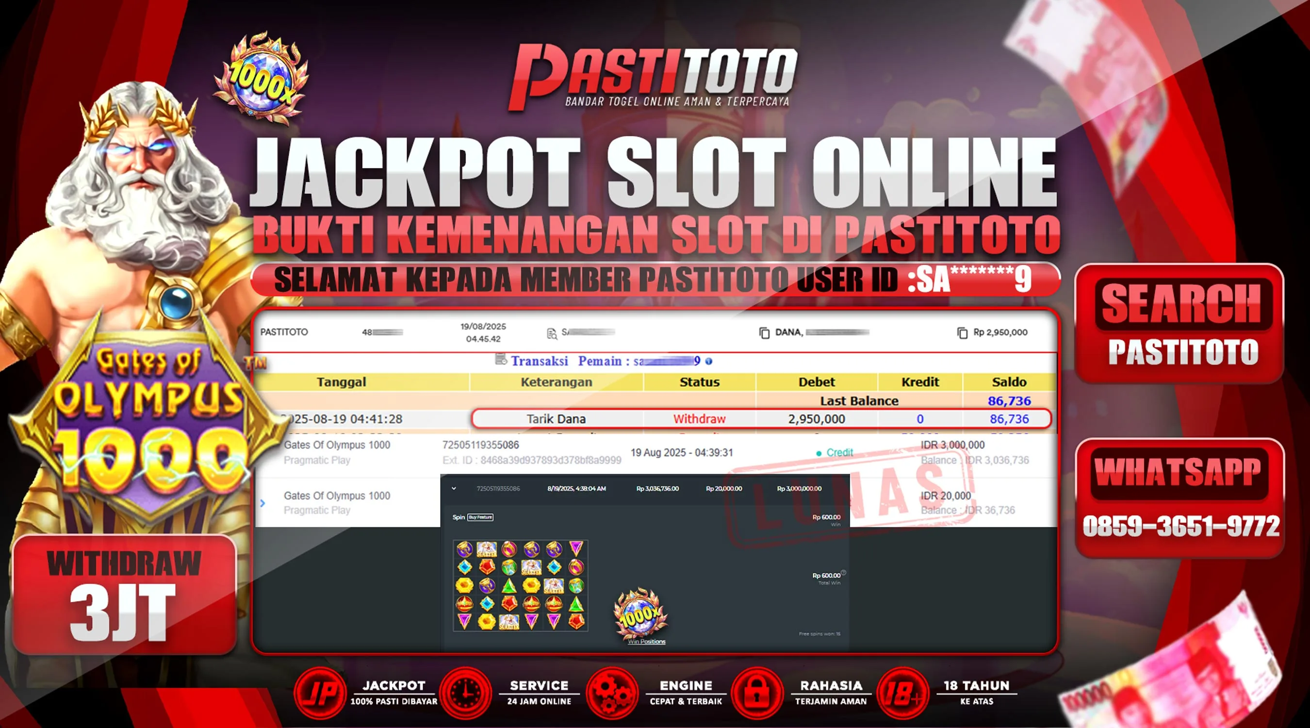 PASTITOTO JACKPOT SLOT ONLINE RP. 2.950.000,- LUNAS