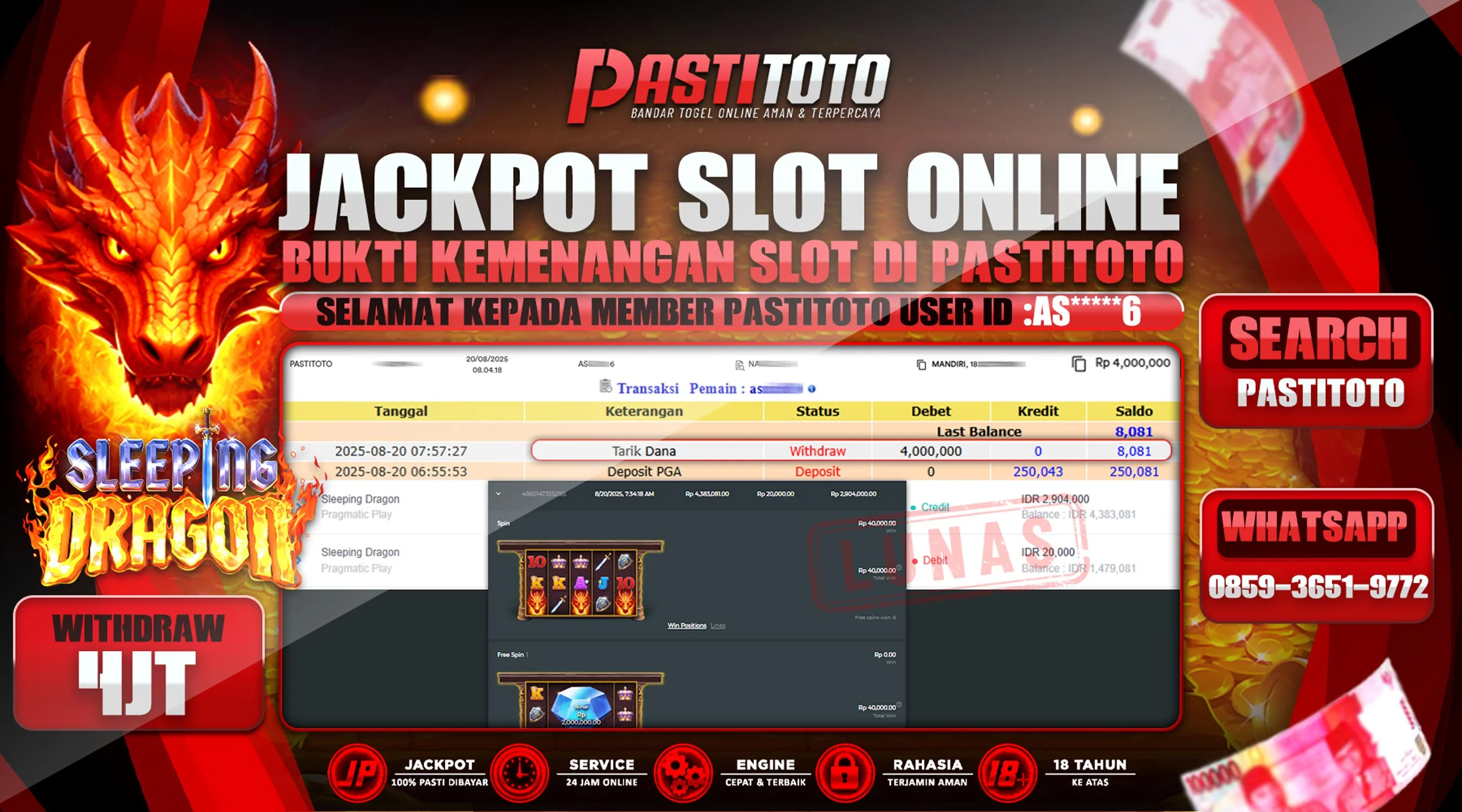 PASTITOTO JACKPOT SLOT ONLINE RP. 2.950.000,- LUNAS