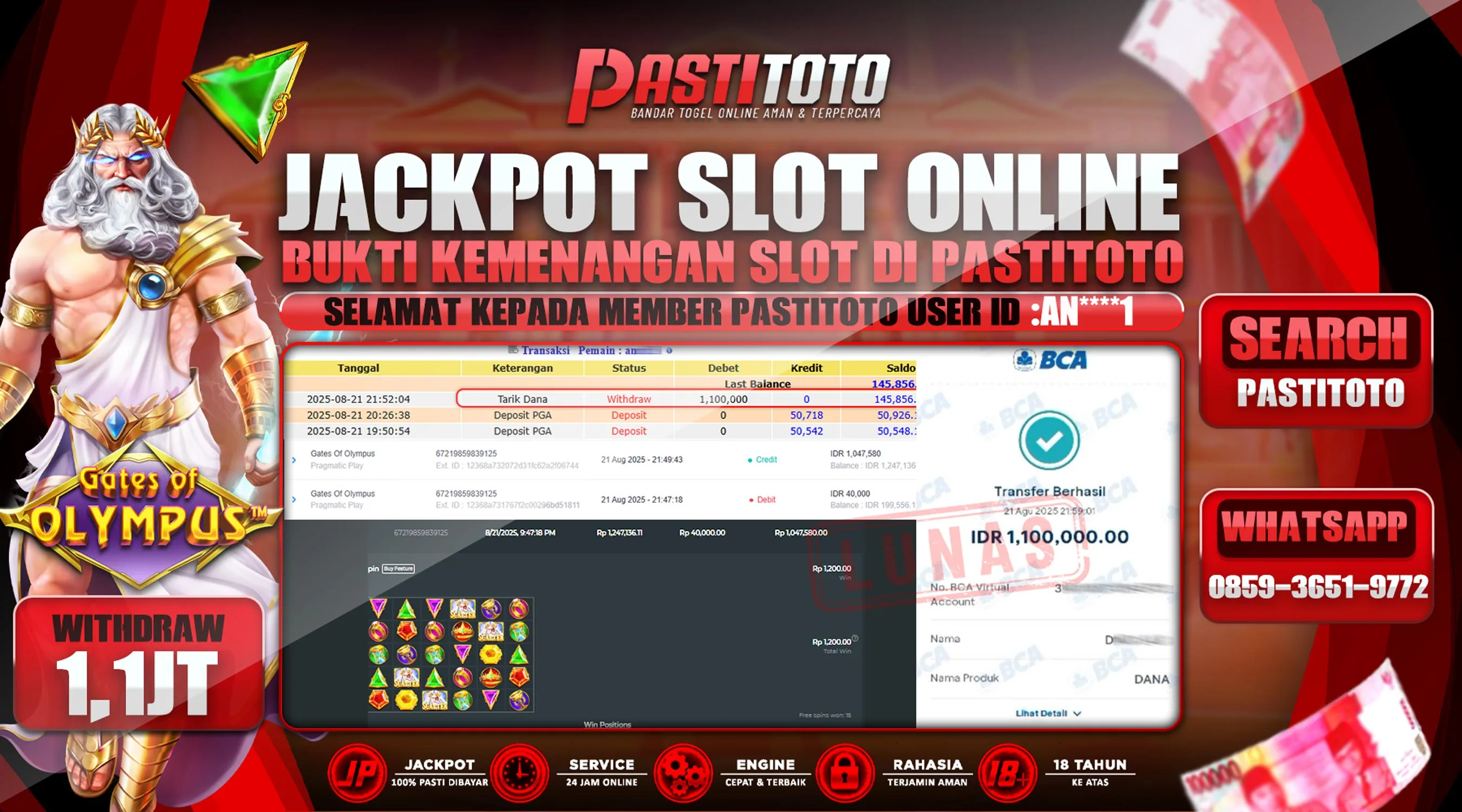 PASTITOTO JACKPOT SLOT ONLINE RP. 1.100.000,- LUNAS