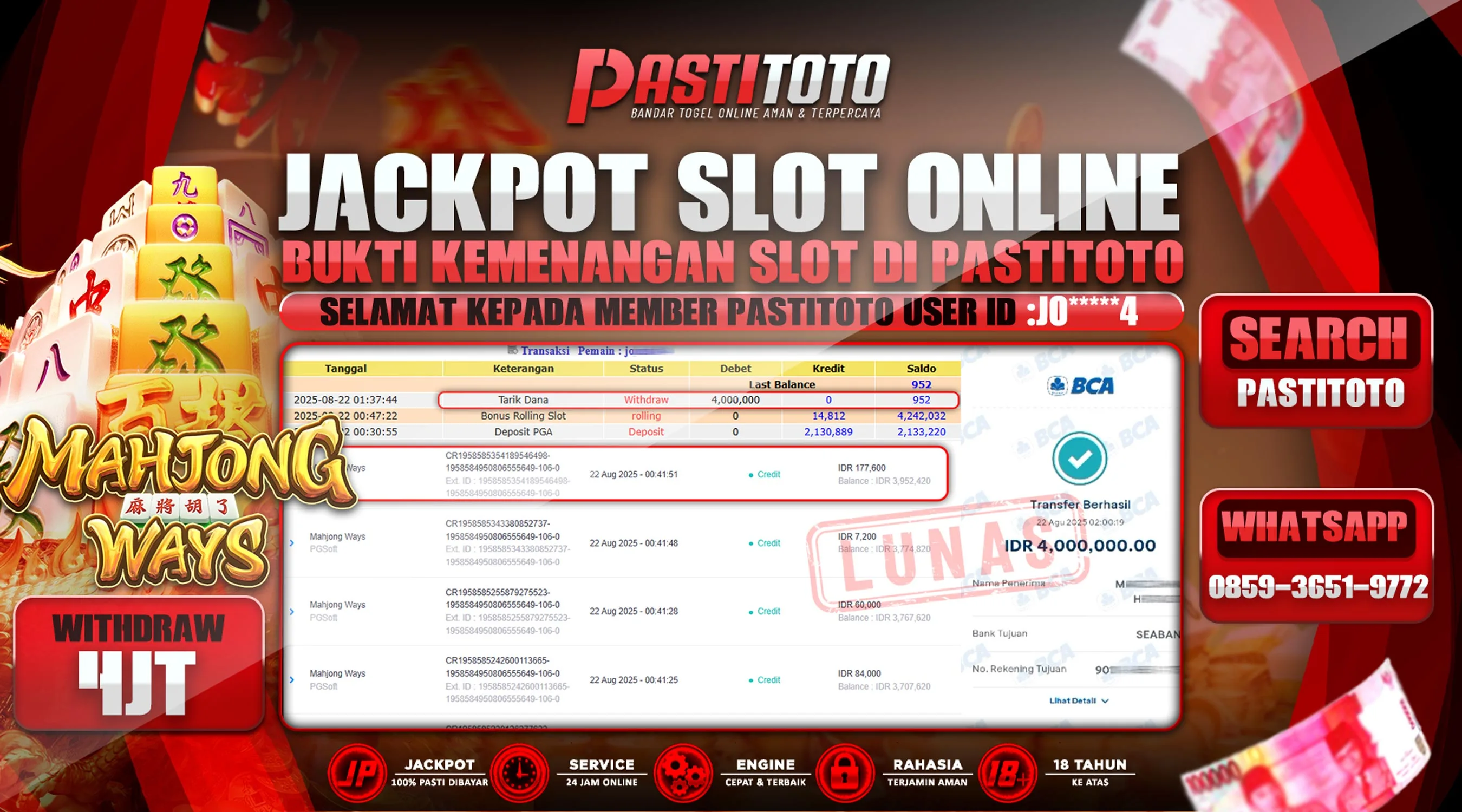 PASTITOTO JACKPOT SLOT ONLINE RP. 4.000.000,- LUNAS