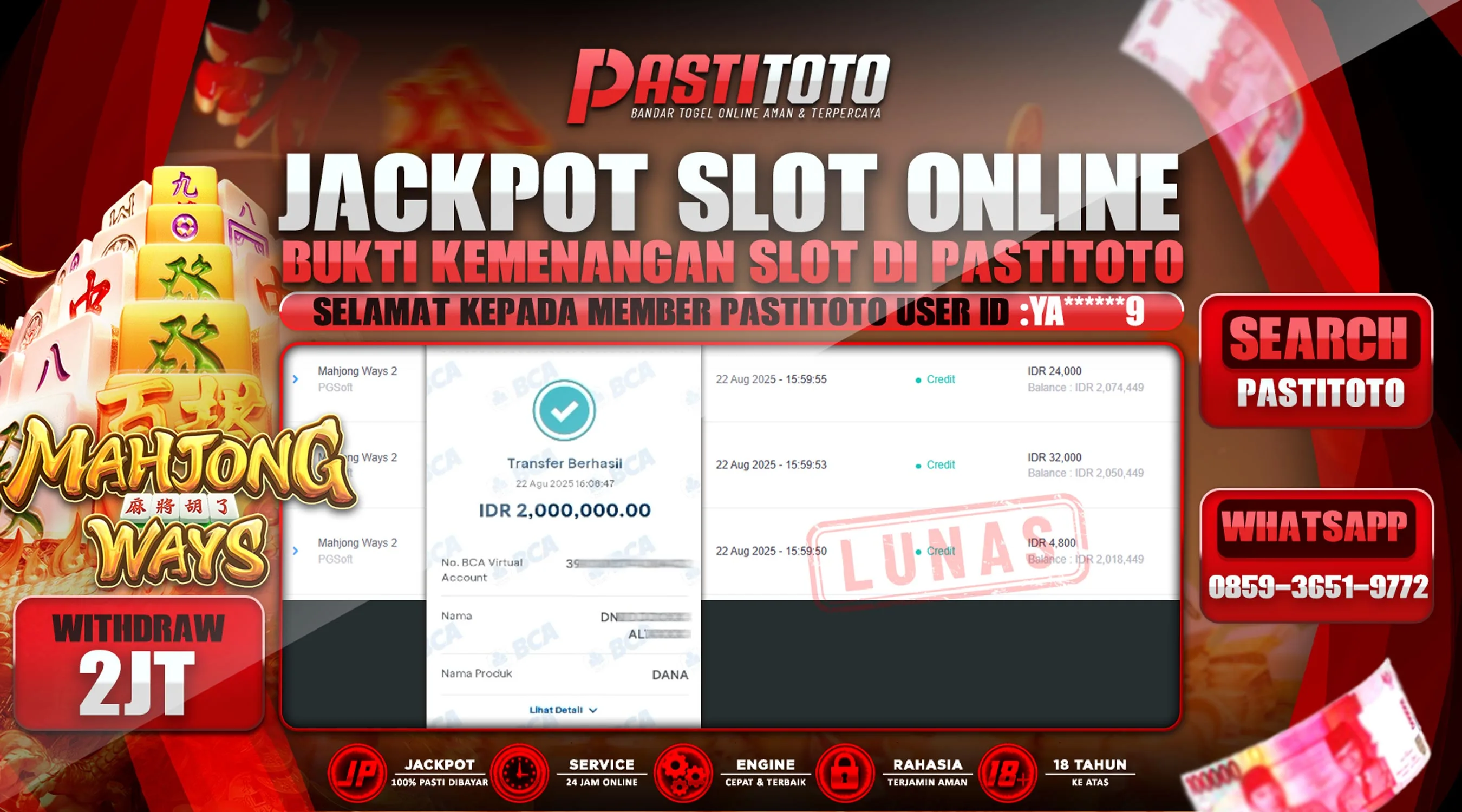 PASTITOTO JACKPOT SLOT ONLINE RP. 2.000.000,- LUNAS