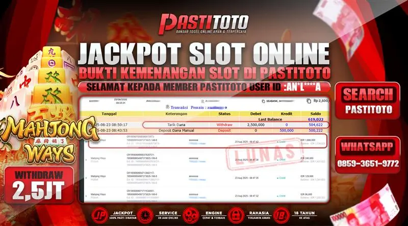 PASTITOTO JACKPOT SLOT ONLINE RP. 2.500.000,- LUNAS