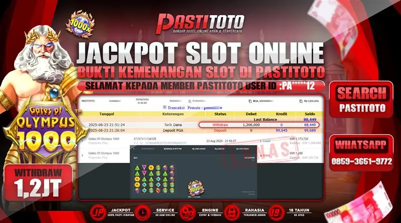 PASTITOTO JACKPOT SLOT ONLINE RP. 1.200.000,- LUNAS