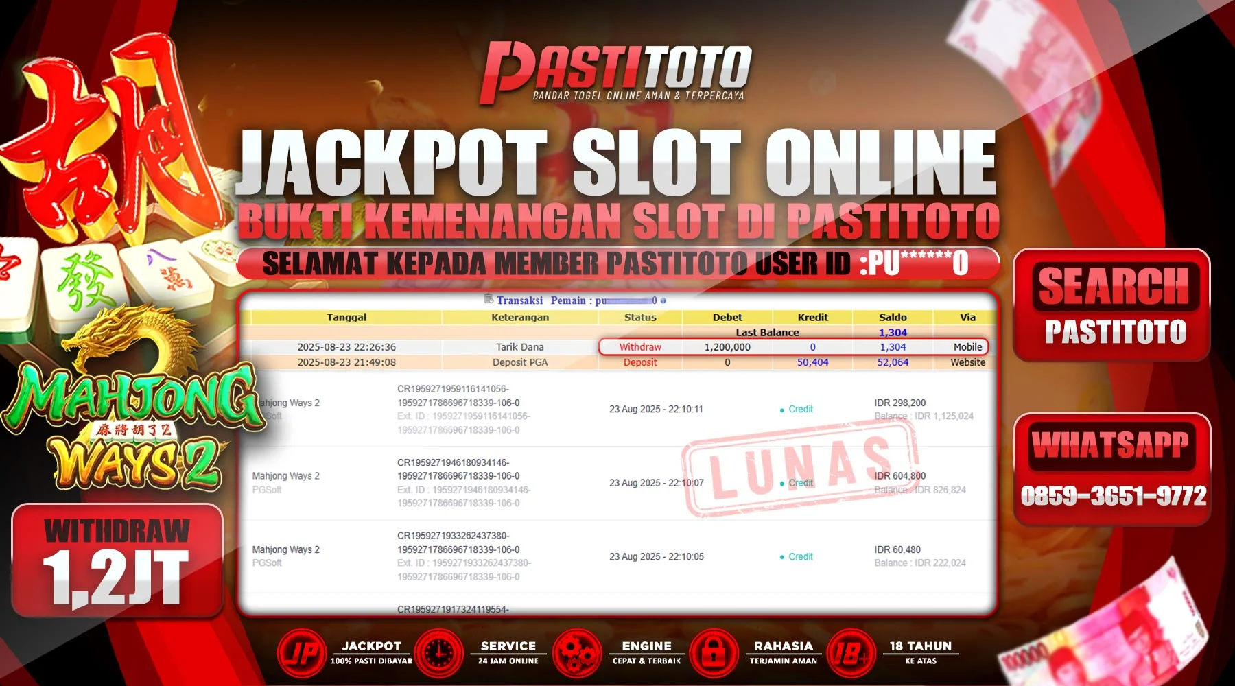 PASTITOTO JACKPOT SLOT ONLINE RP. 1.200.000,- LUNAS