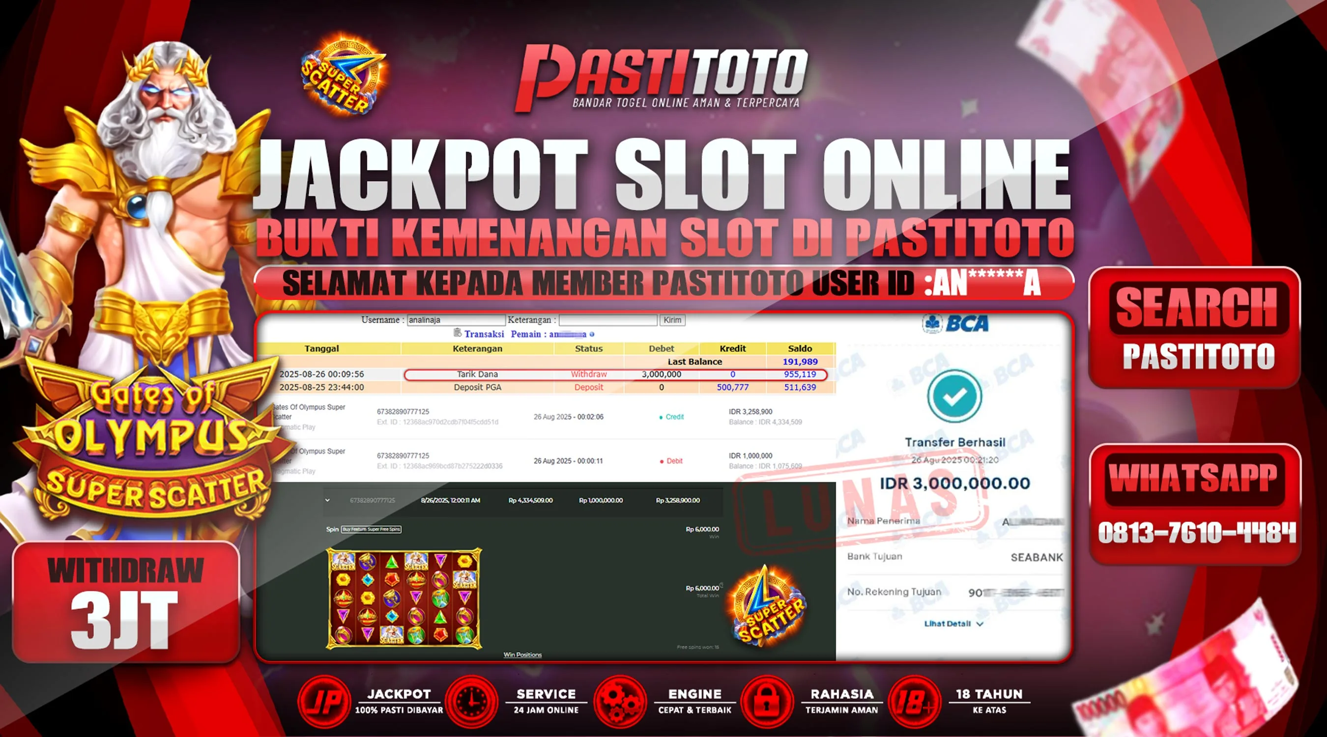PASTITOTO JACKPOT SLOT ONLINE RP. 3.000.000,- LUNAS