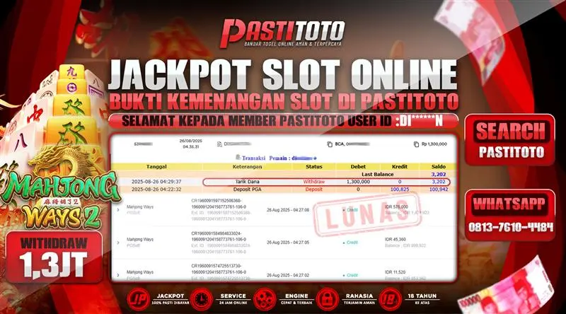 PASTITOTO JACKPOT SLOT ONLINE RP. 1.300.000,- LUNAS