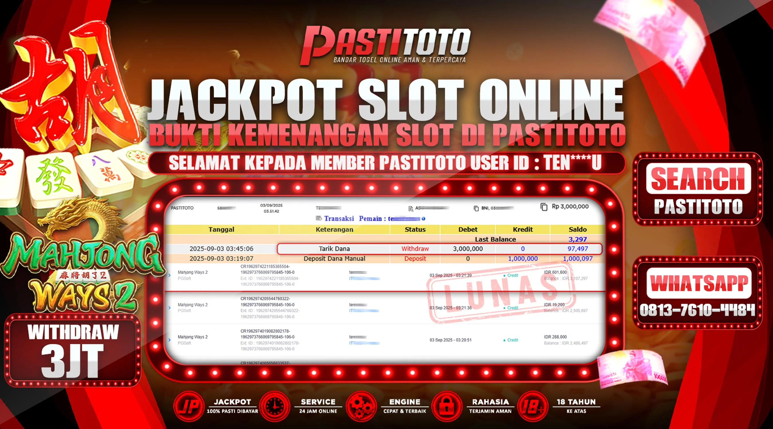 PASTITOTO JACKPOT SLOT ONLINE RP. 3.000.000,- LUNAS