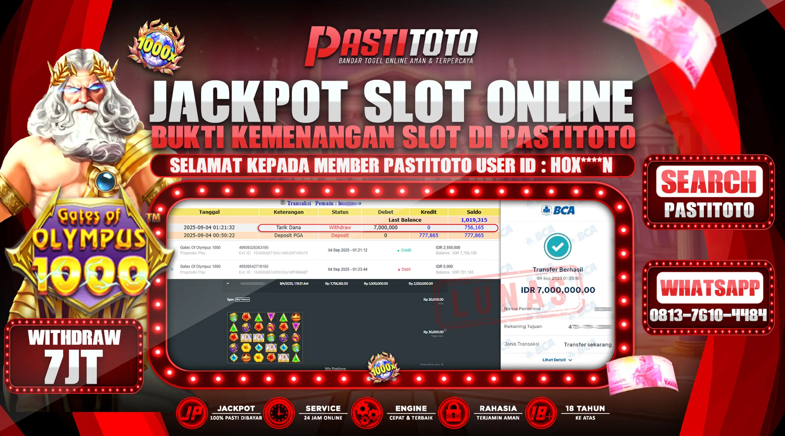 PASTITOTO JACKPOT SLOT ONLINE RP. 7.000.000,- LUNAS