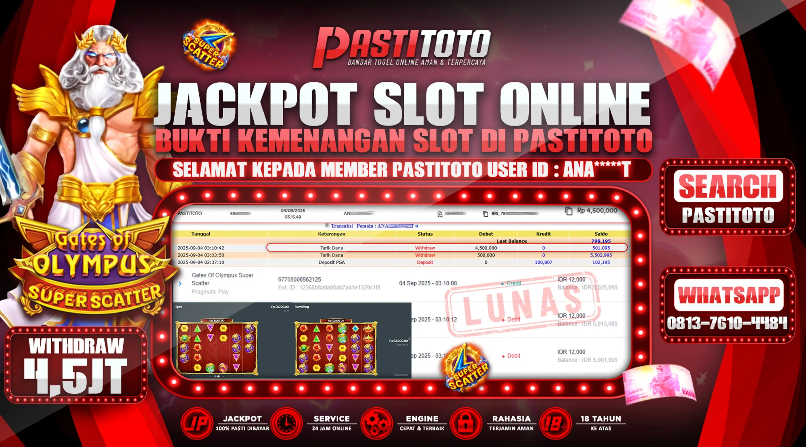 PASTITOTO JACKPOT SLOT ONLINE RP. 4.500.000,- LUNAS