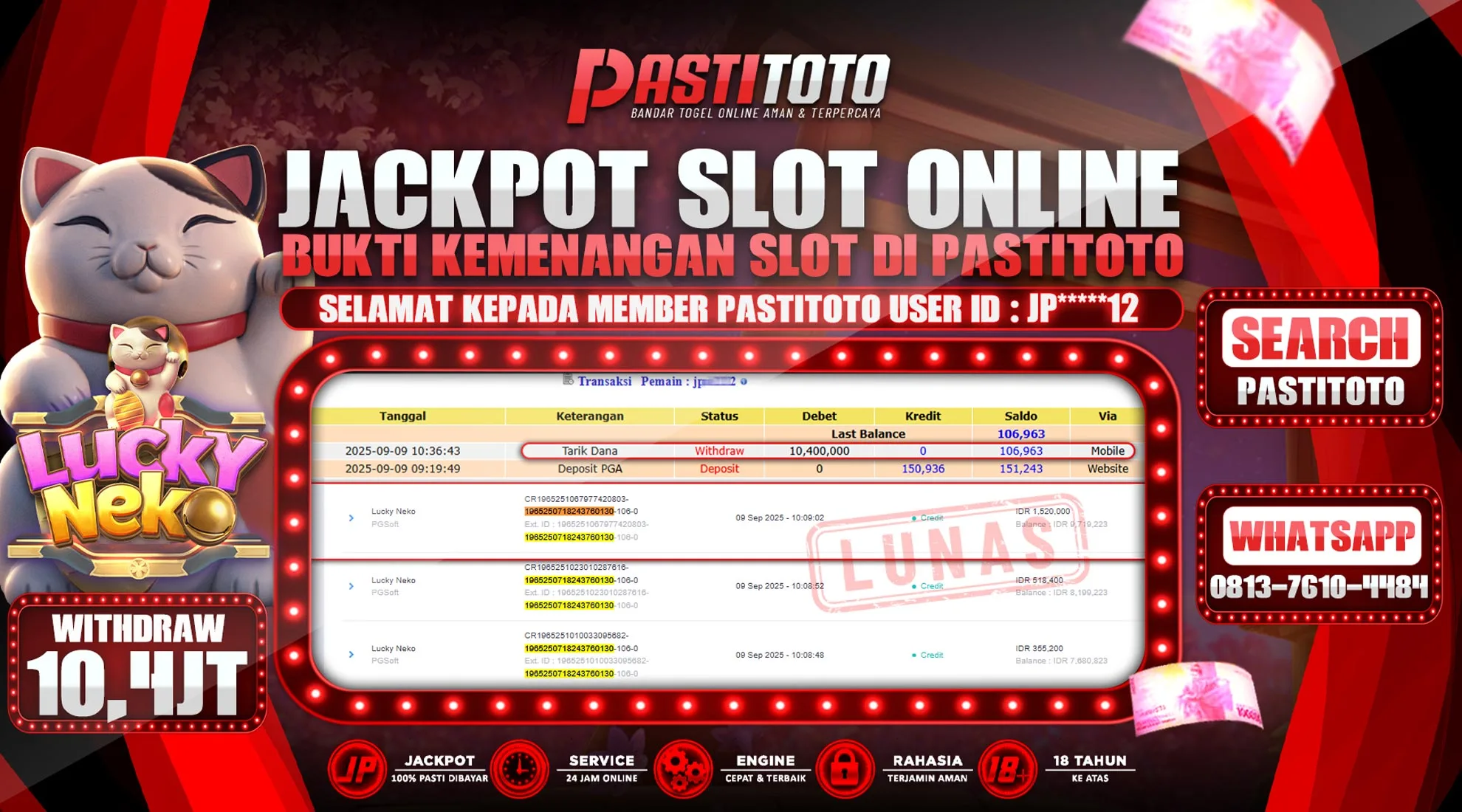 PASTITOTO JACKPOT SLOT ONLINE RP. 10.400.000,- LUNAS