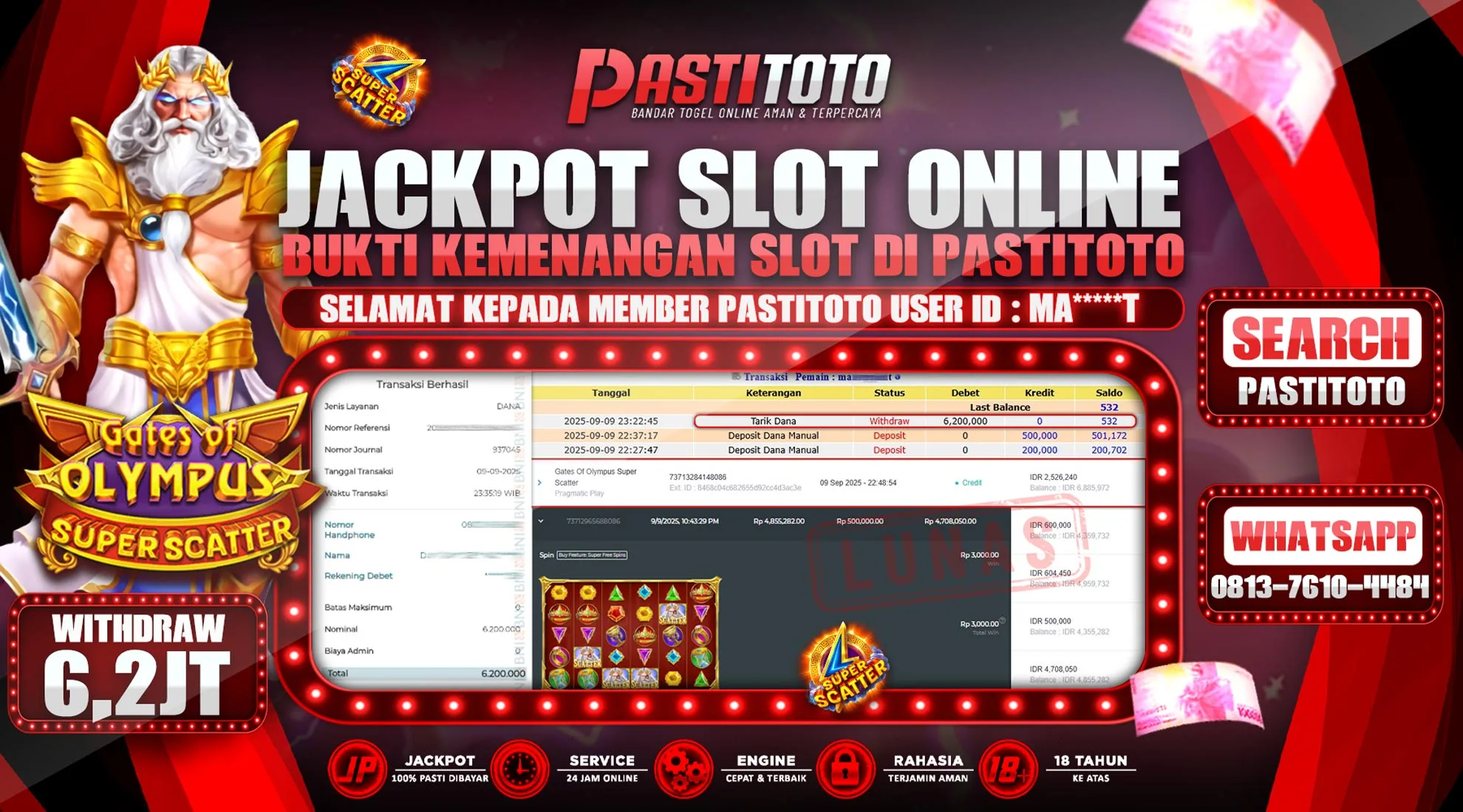PASTITOTO JACKPOT SLOT ONLINE RP. 6.200.000,- LUNAS