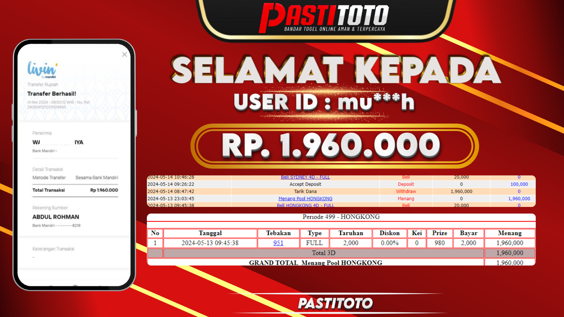PASTITOTO JACKPOT TOGEL HONGKONG RP. 1.960.000,- LUNAS