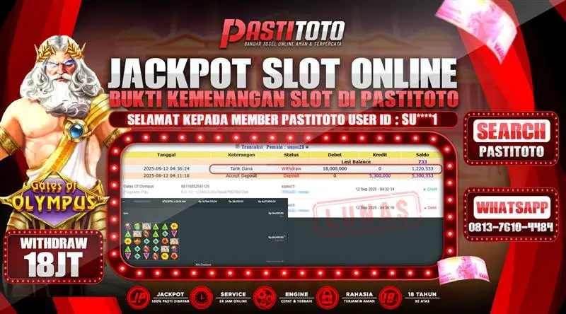 PASTITOTO JACKPOT SLOT ONLINE RP. 18.000.000,- LUNAS