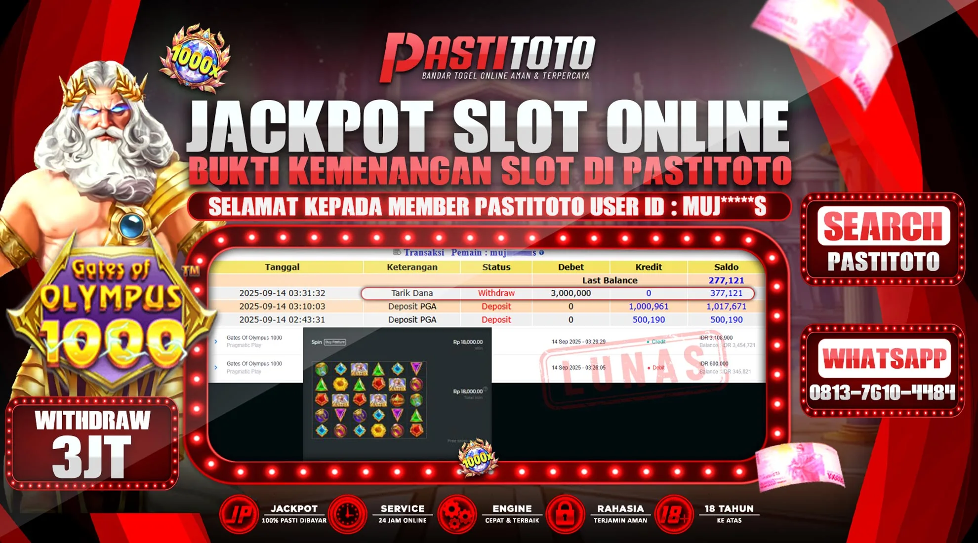 PASTITOTO JACKPOT SLOT ONLINE RP. 3.000.000,- LUNAS