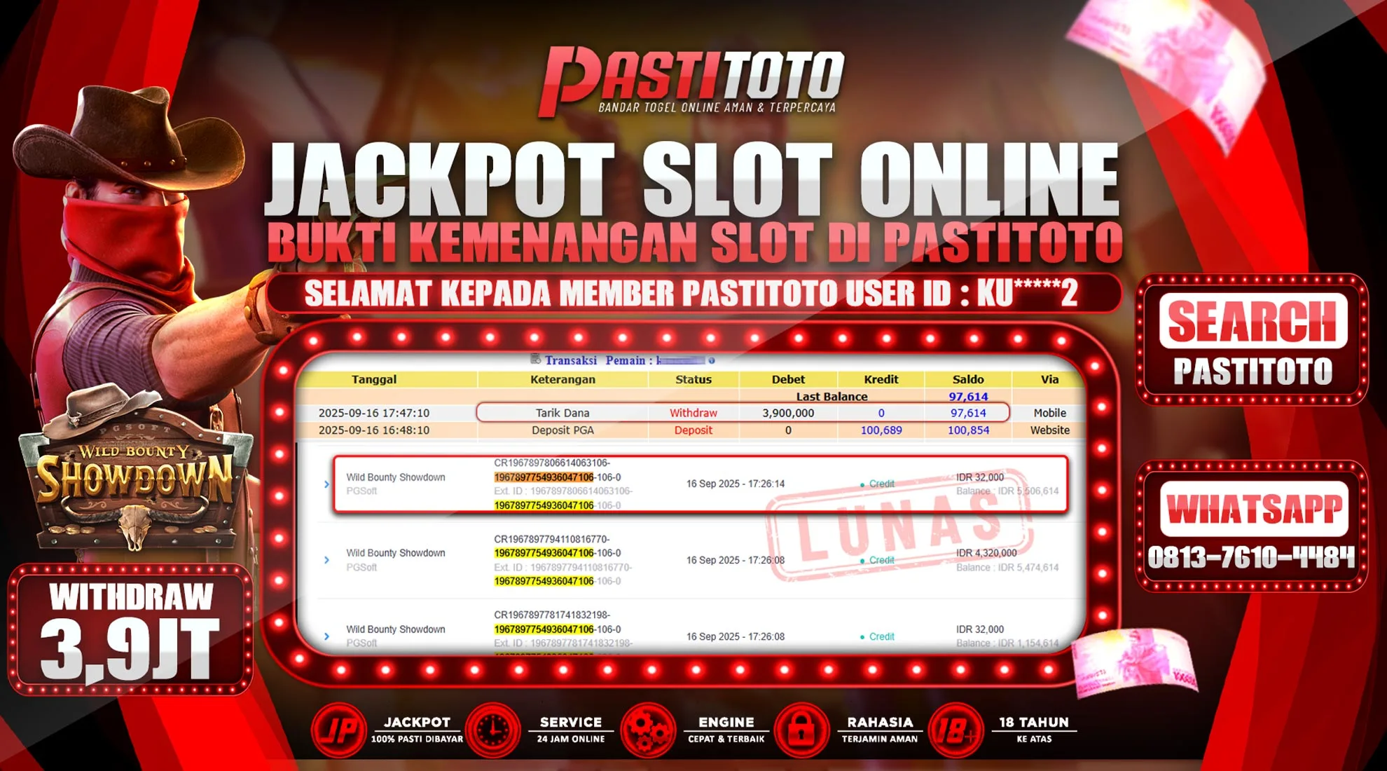 PASTITOTO JACKPOT SLOT ONLINE RP. 3.900.000,- LUNAS