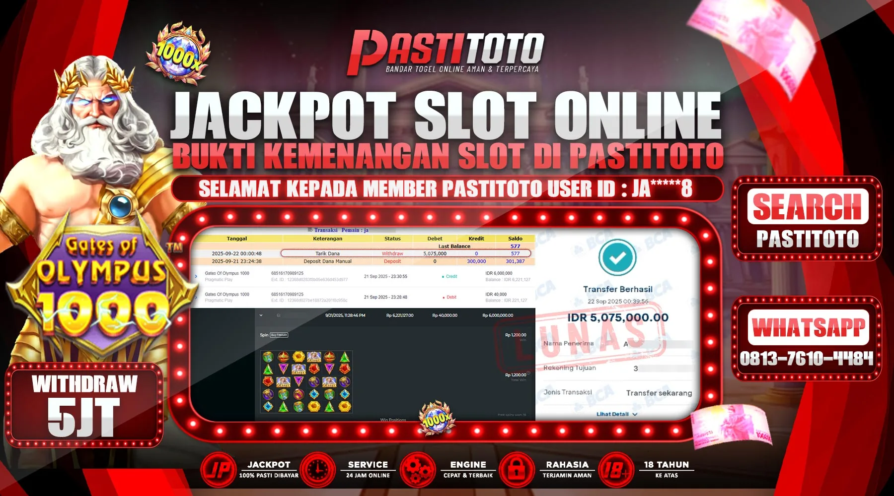 PASTITOTO JACKPOT SLOT ONLINE RP. 5.075.000,- LUNAS