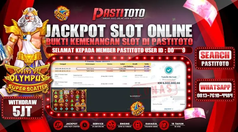 PASTITOTO JACKPOT SLOT ONLINE RP. 5.000.000,- LUNAS