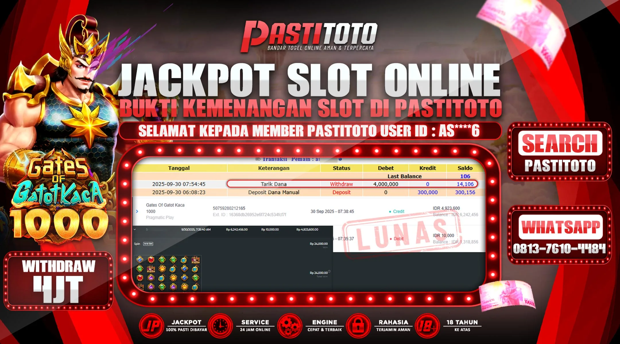 PASTITOTO JACKPOT SLOT ONLINE RP. 4.000.000,- LUNAS