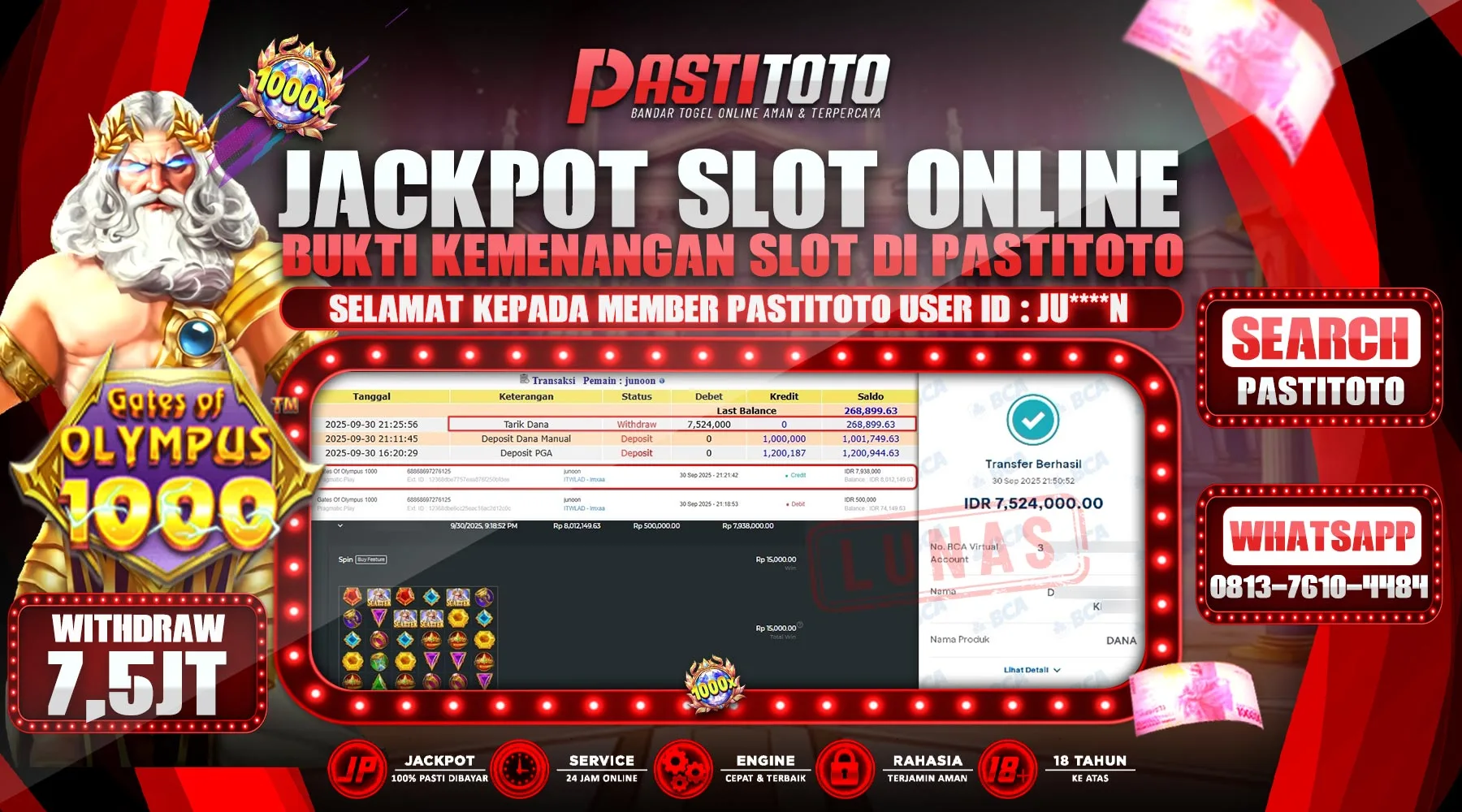 PASTITOTO JACKPOT SLOT ONLINE RP. 7.524.000,- LUNAS