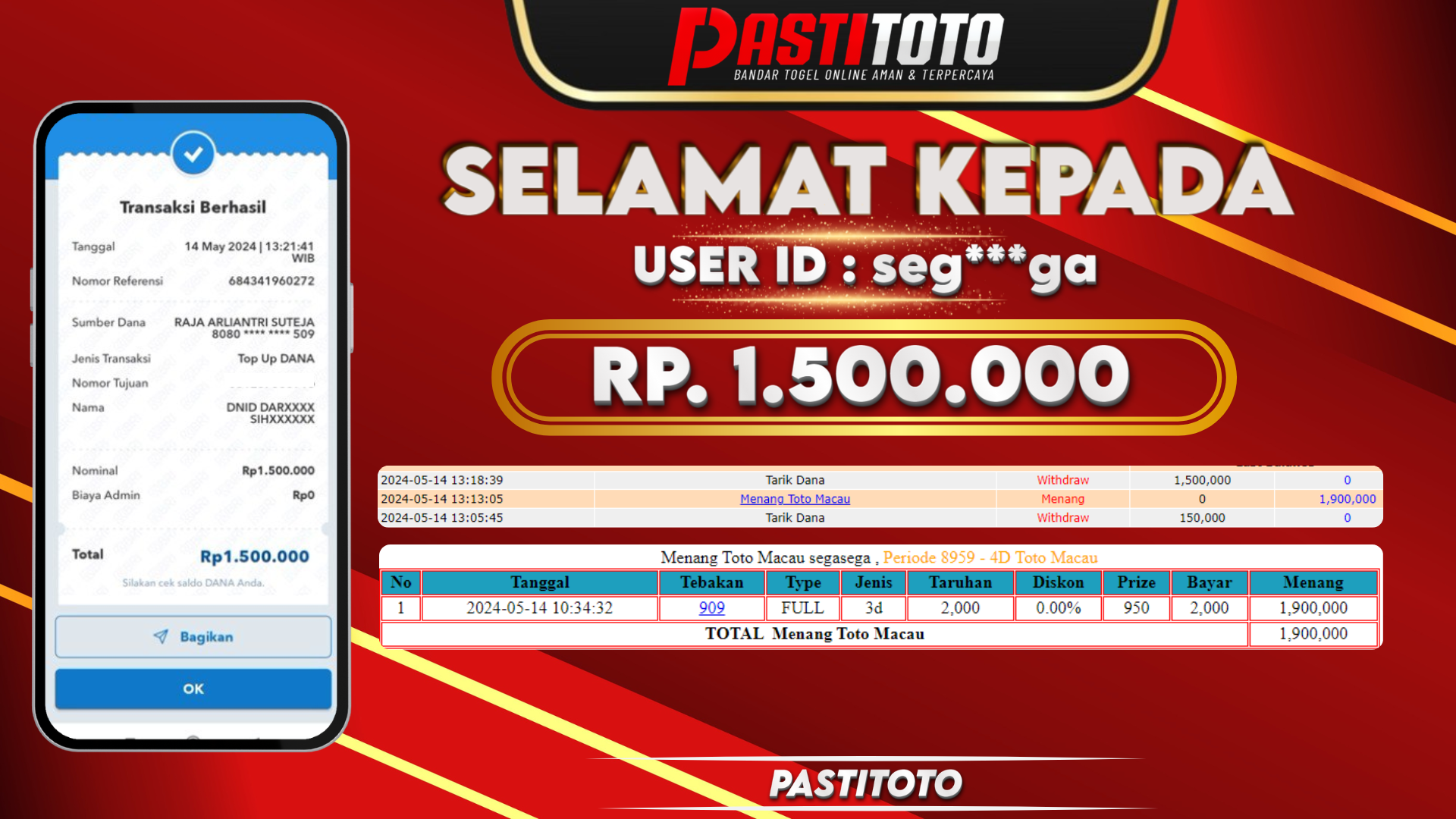 PASTITOTO JACKPOT TOTO MACAU RP. 1.500.000,- LUNAS