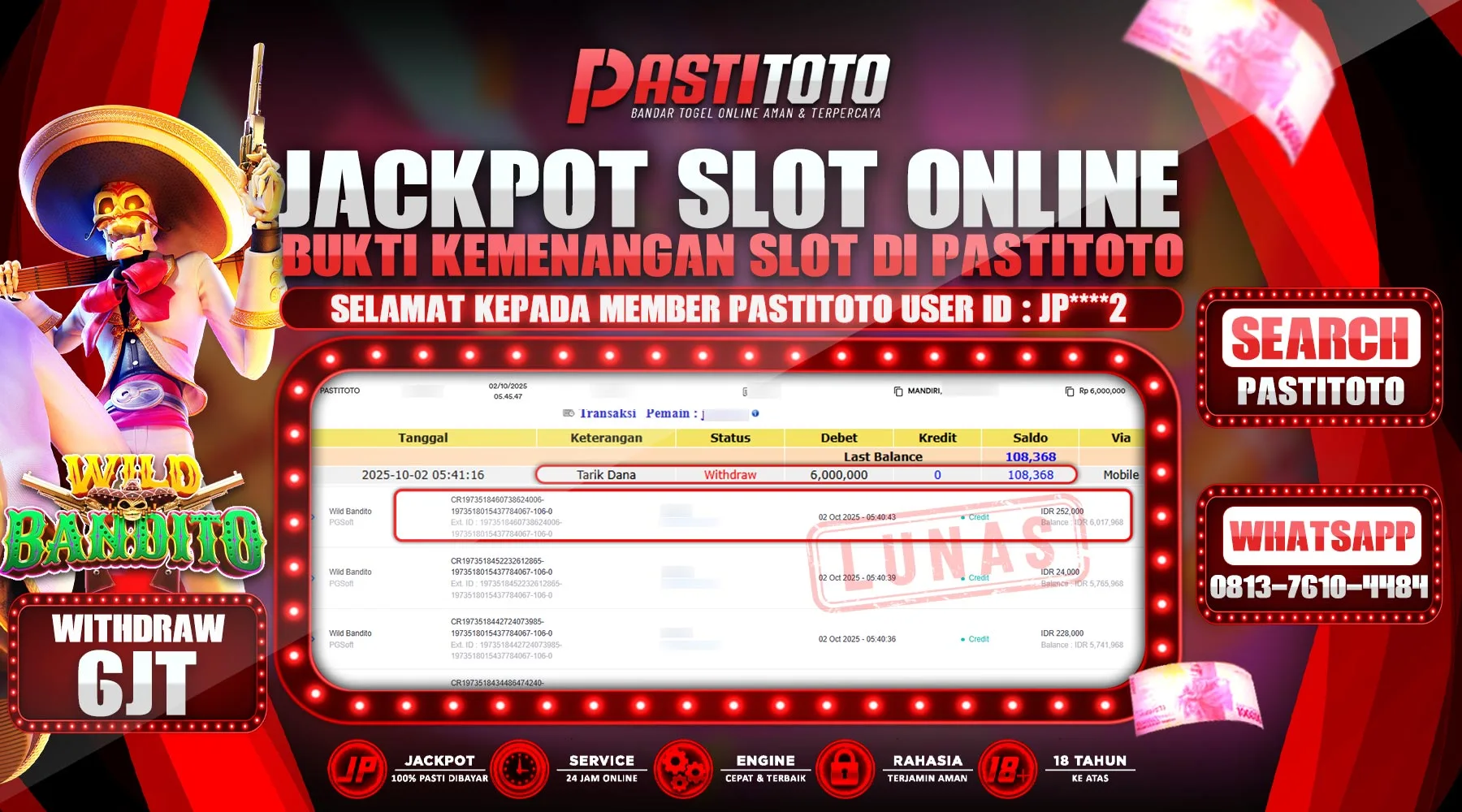 PASTITOTO JACKPOT SLOT ONLINE RP. 6.000.000,- LUNAS