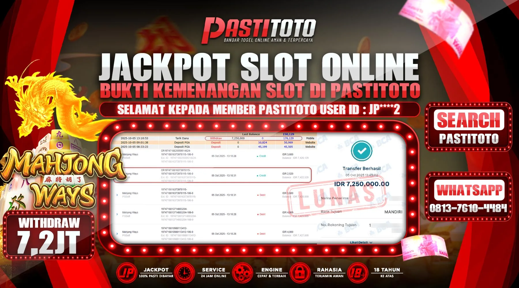PASTITOTO JACKPOT SLOT ONLINE RP. 7.250.000,- LUNAS