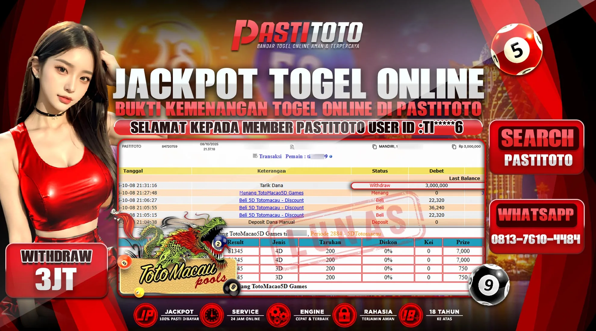 PASTITOTO JACKPOT TOGEL TOTO MACAU RP. 3.000.000,- LUNAS