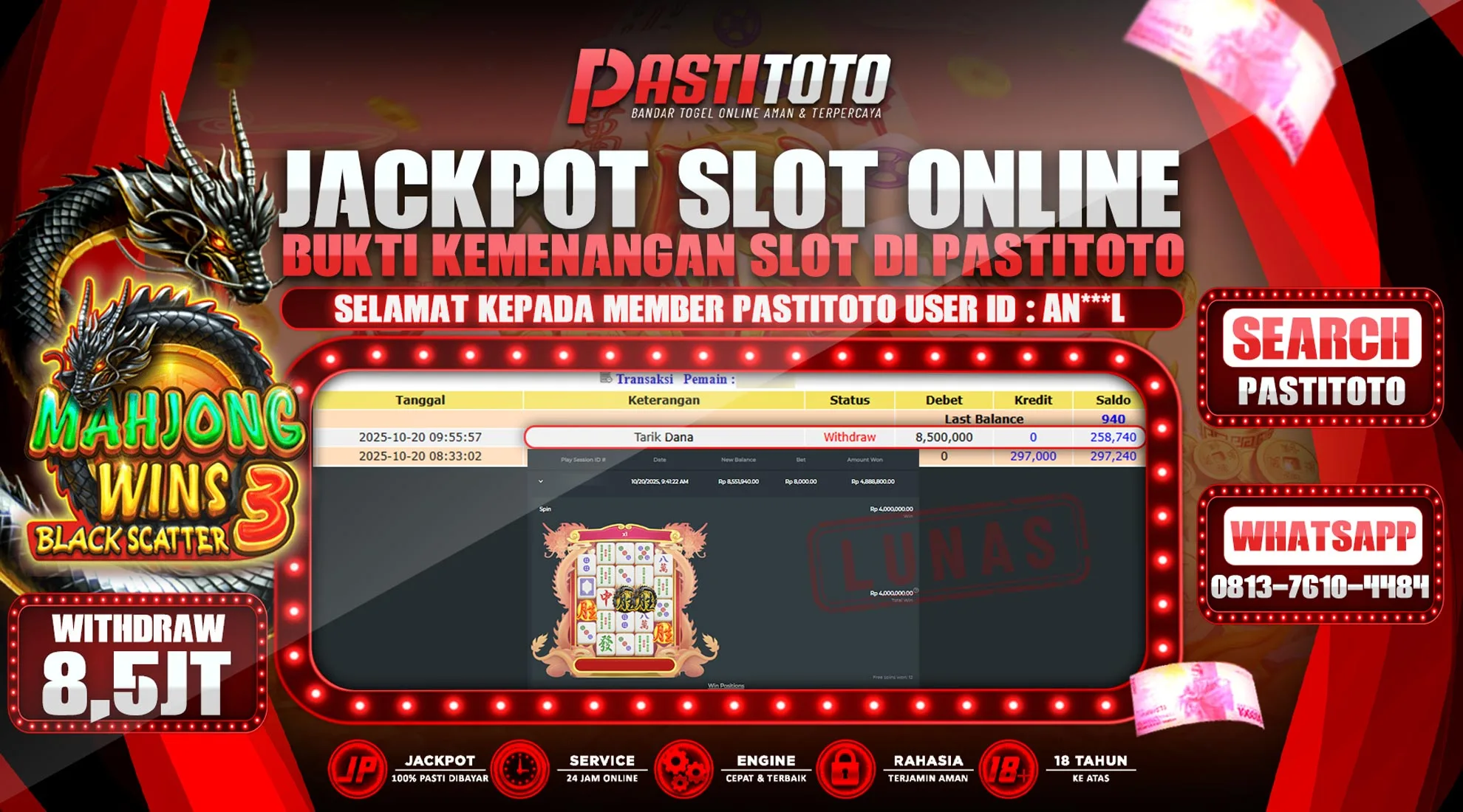 PASTITOTO JACKPOT SLOT ONLINE RP. 8.500.000,- LUNAS