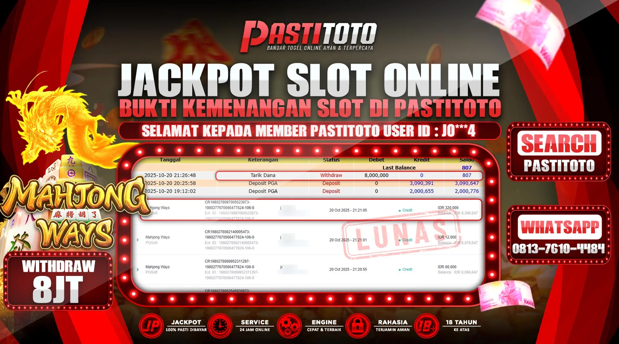 PASTITOTO JACKPOT SLOT ONLINE RP. 8.000.000,- LUNAS