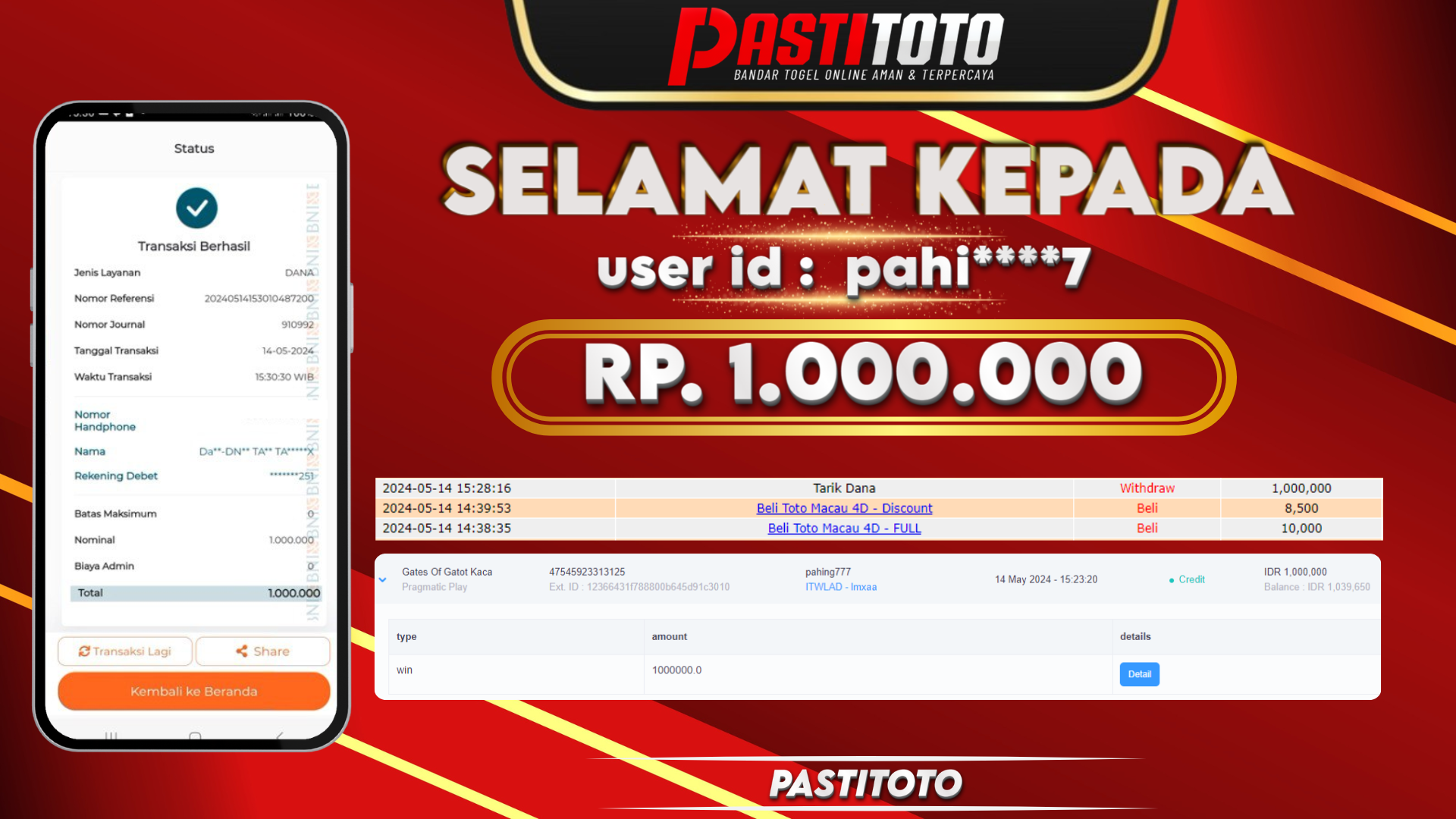 PASTITOTO JACKPOT SLOT GAME RP. 1.000.000,- LUNAS