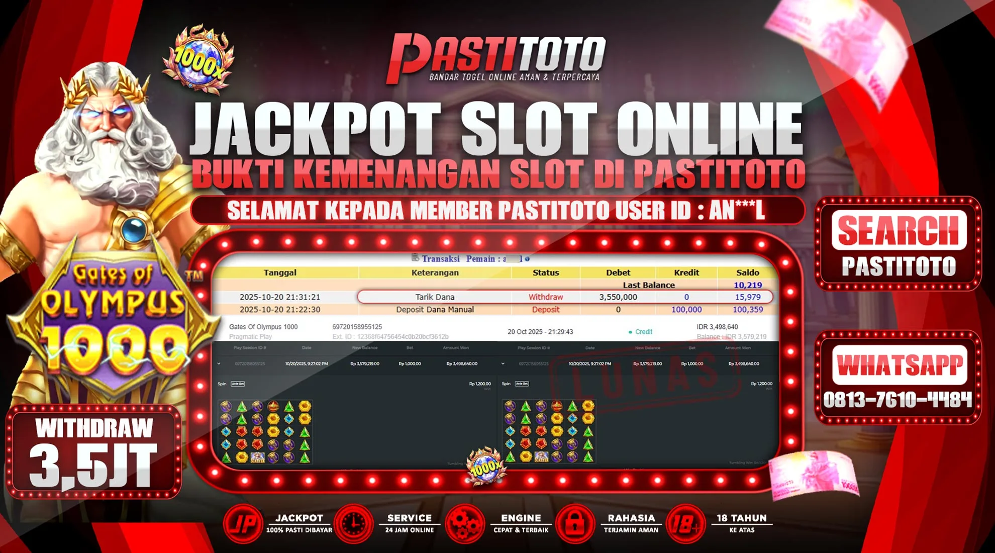 PASTITOTO JACKPOT SLOT ONLINE RP. 3.500.000,- LUNAS