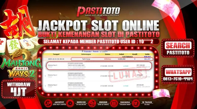 PASTITOTO JACKPOT SLOT ONLINE RP. 4.000.000,- LUNAS