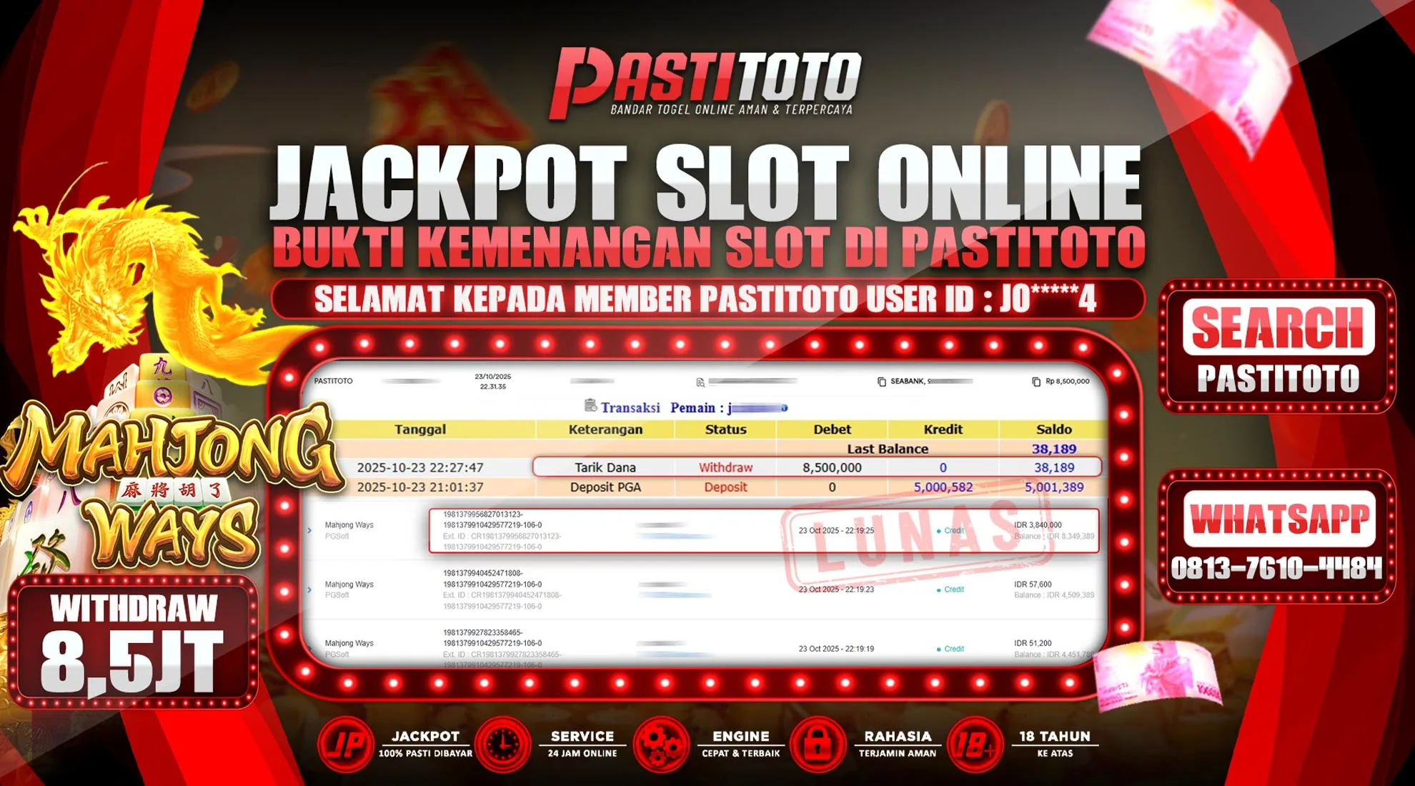 PASTITOTO JACKPOT SLOT ONLINE RP. 8.500.000,- LUNAS
