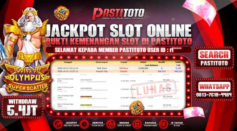 PASTITOTO JACKPOT SLOT ONLINE RP. 5.400.000,- LUNAS