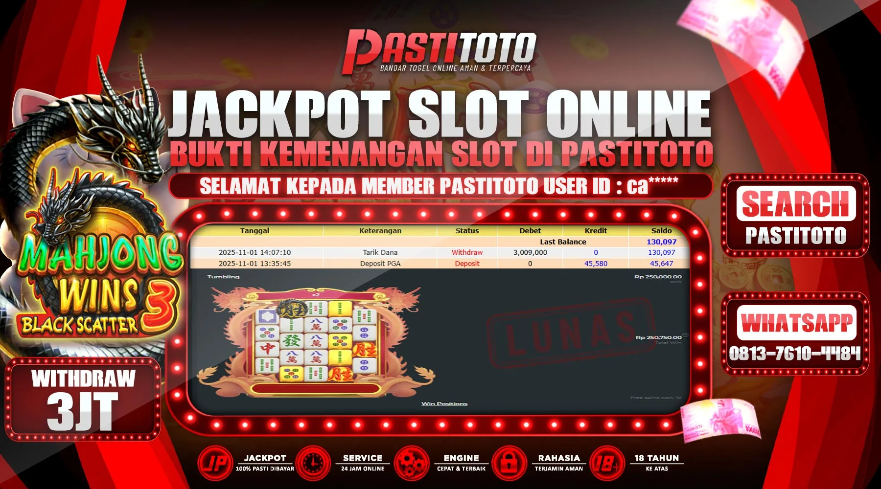 PASTITOTO JACKPOT SLOT ONLINE RP. 3.000.000,- LUNAS