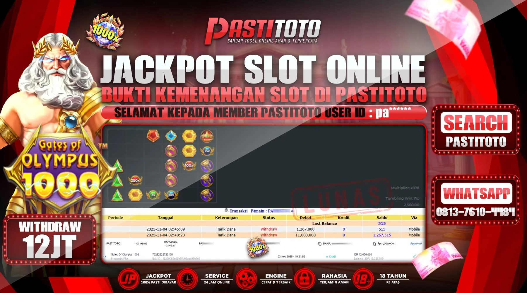 PASTITOTO JACKPOT SLOT ONLINE RP. 12.000.000,- LUNAS