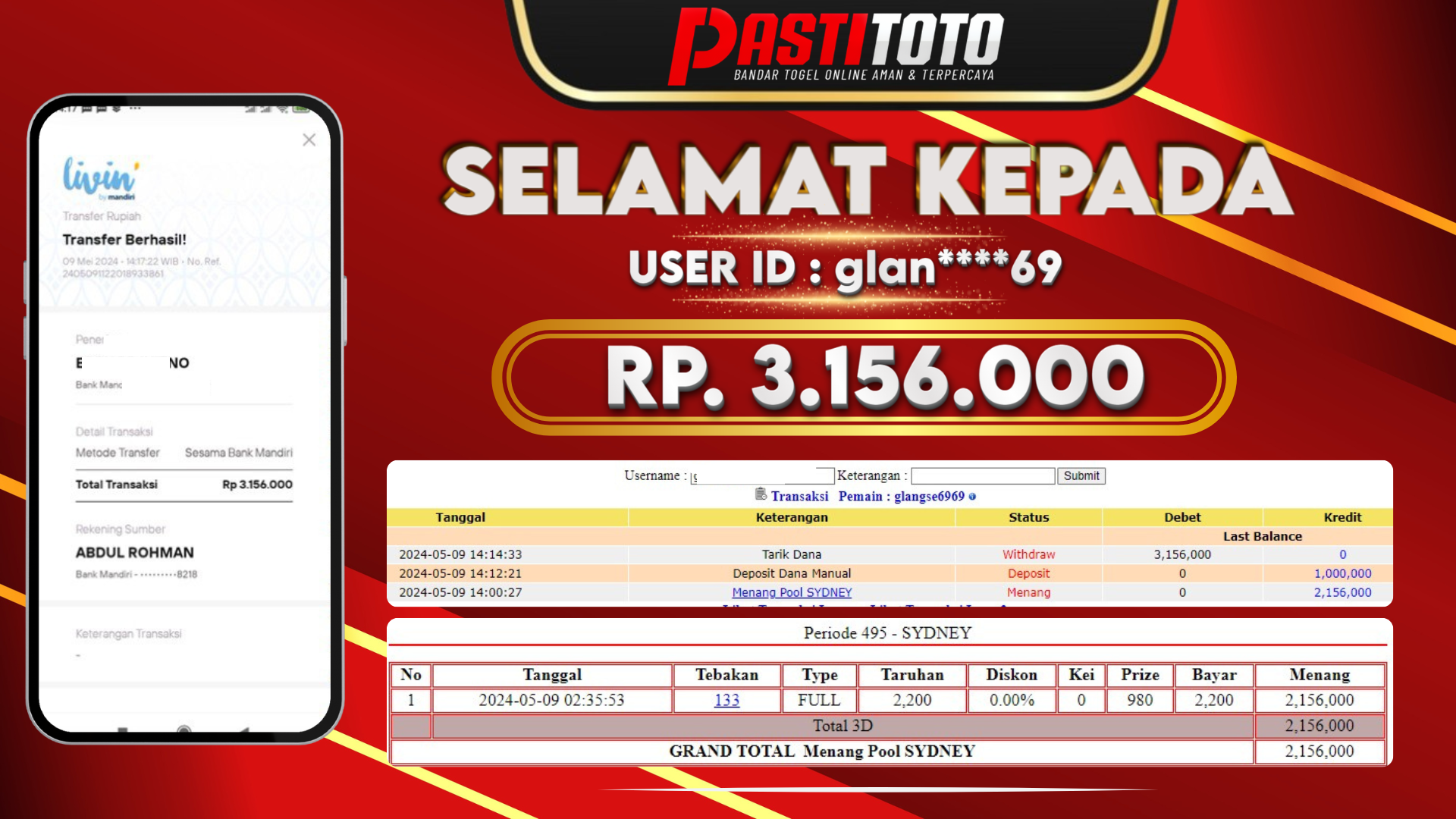 PASTITOTO JACKPOT TOGEL SYDNEY + HADIAH LOMBA TOGEL RP. 3.156.000,- LUNAS